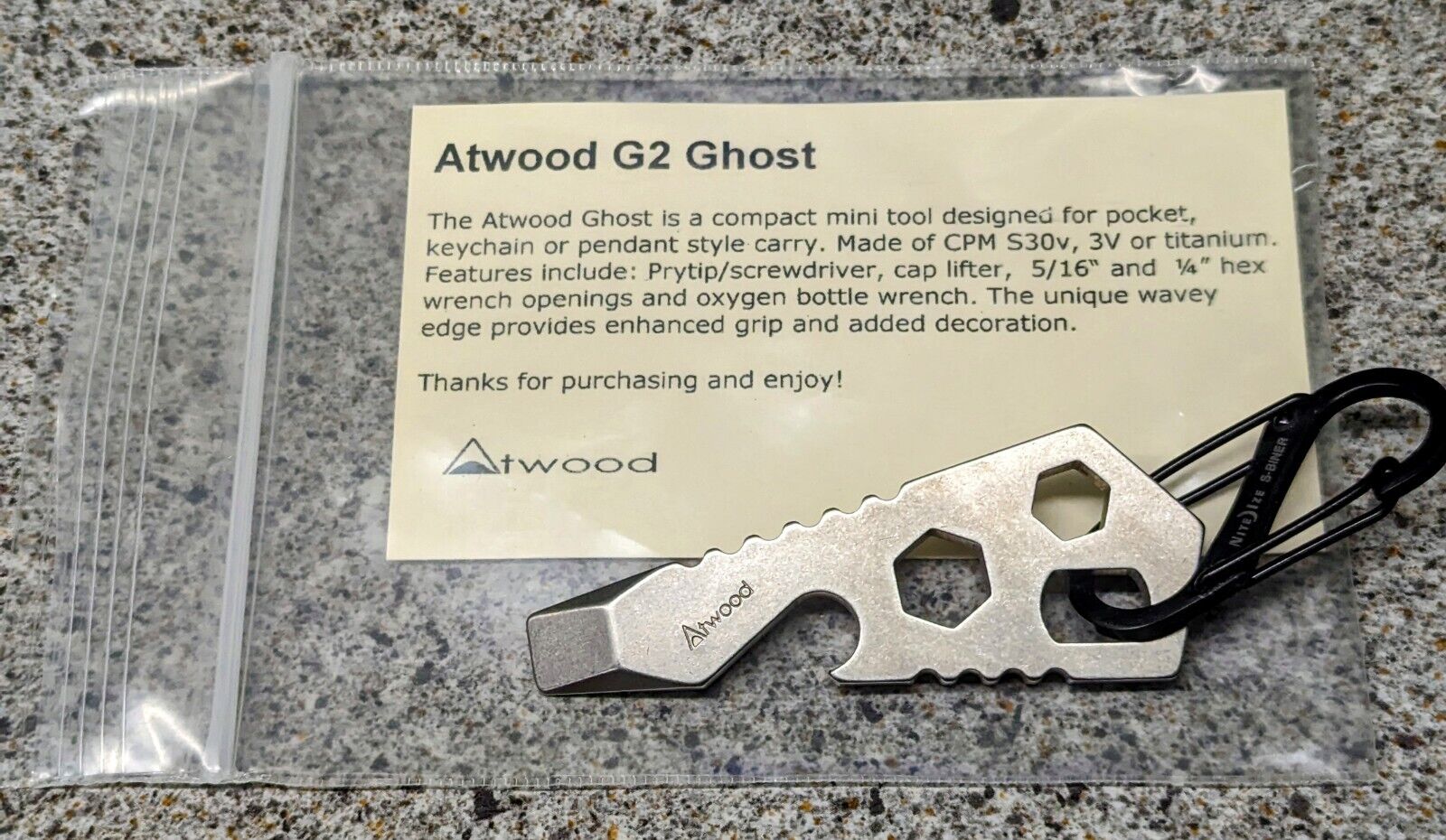 NEW Peter Atwood G2 Ghost - Stonewashed S30v with Nite Ize Clip