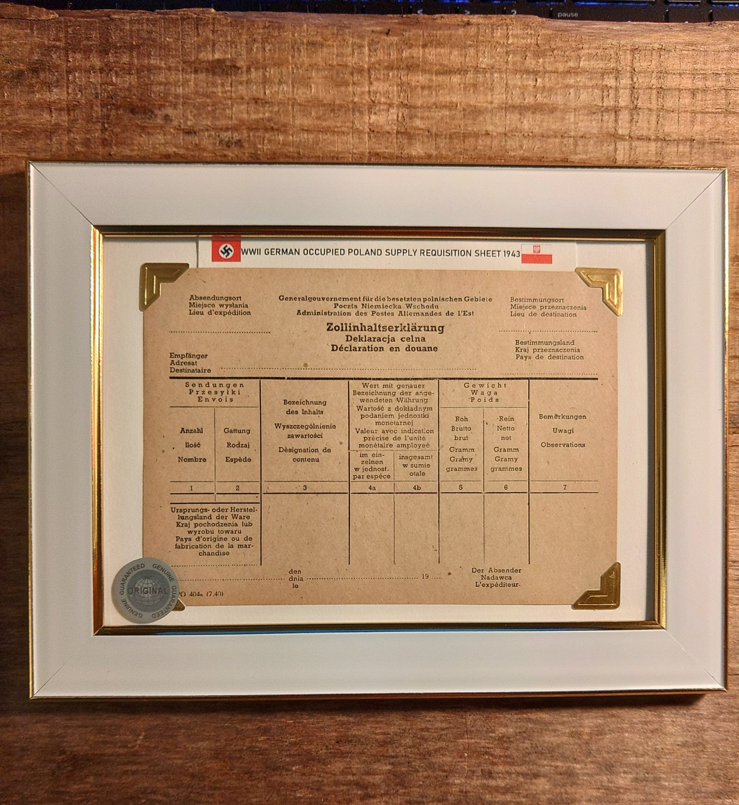 WWII ISSUE OCCUPIED POLAND CUSTOMS REQUISITION SHEET 1943