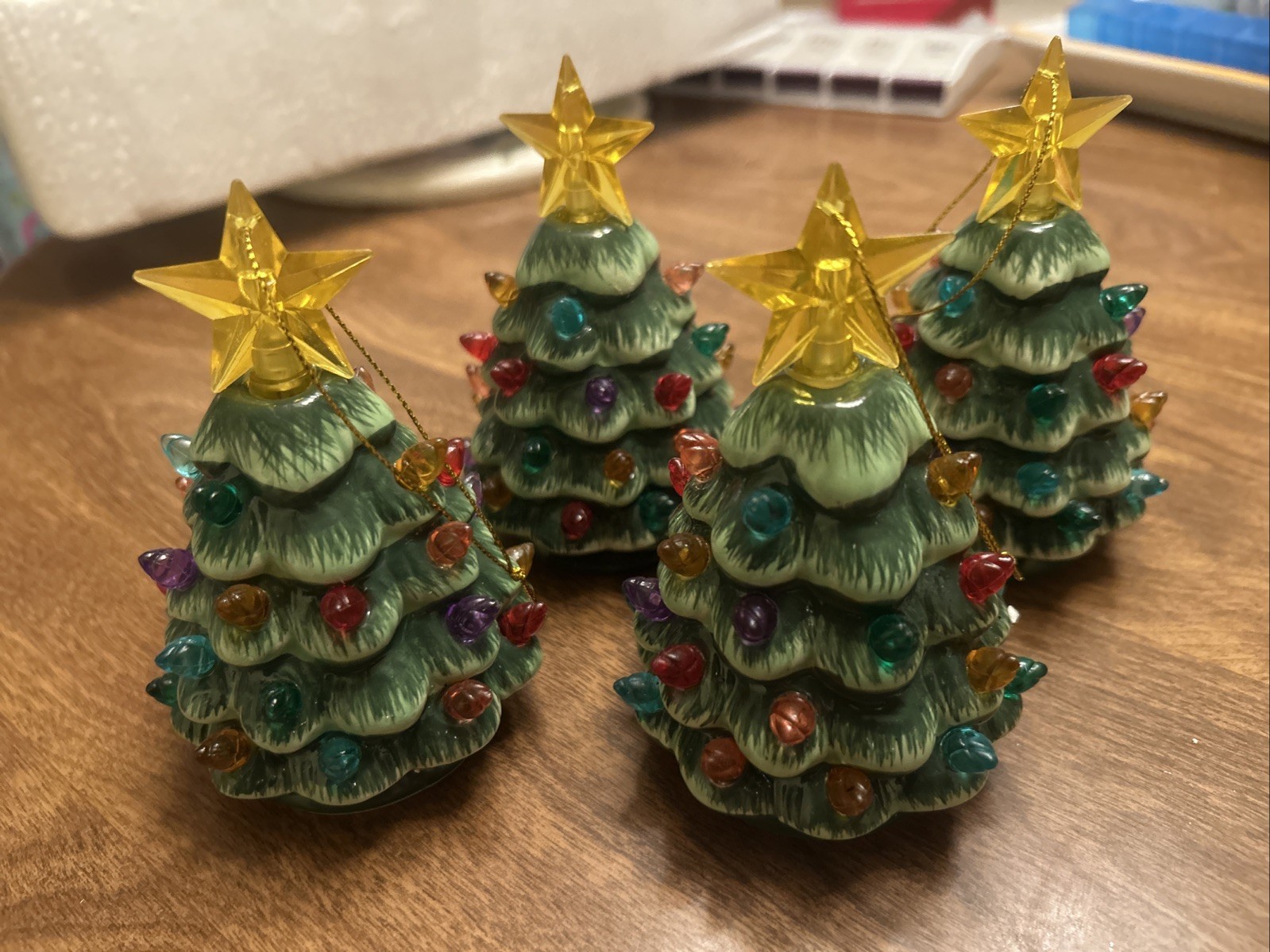 Vintage Mr Christmas Mini Ceramic Christmas Tree Light Up Ornament Lot Of 4