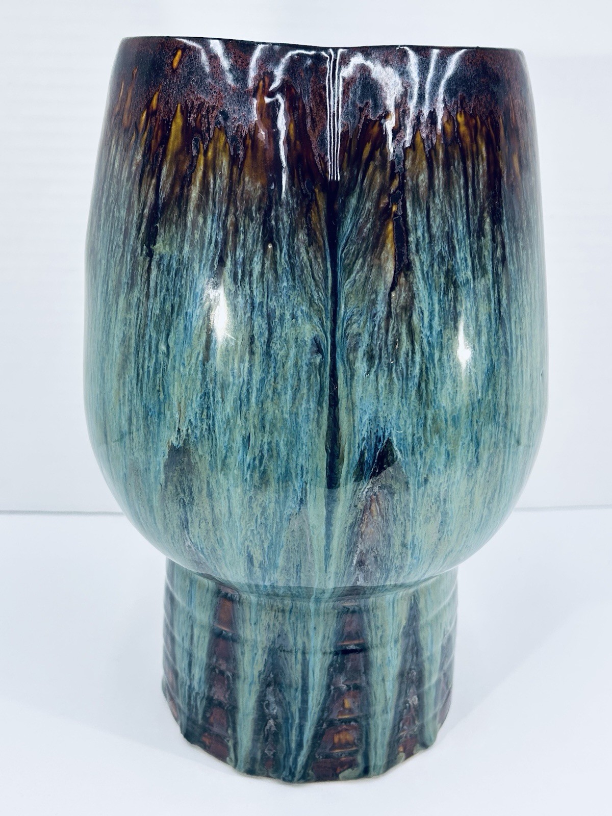 Art Pottery Drip Glaze Pinched Fold Ribbed Base Vase 11inx7.5in Tall Teal Brown