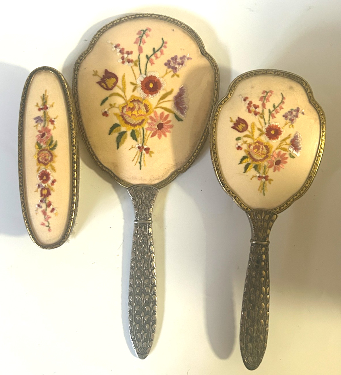 VTG Mid-Century Vintage Dressing-Table Set Embroidered Floral Needlework