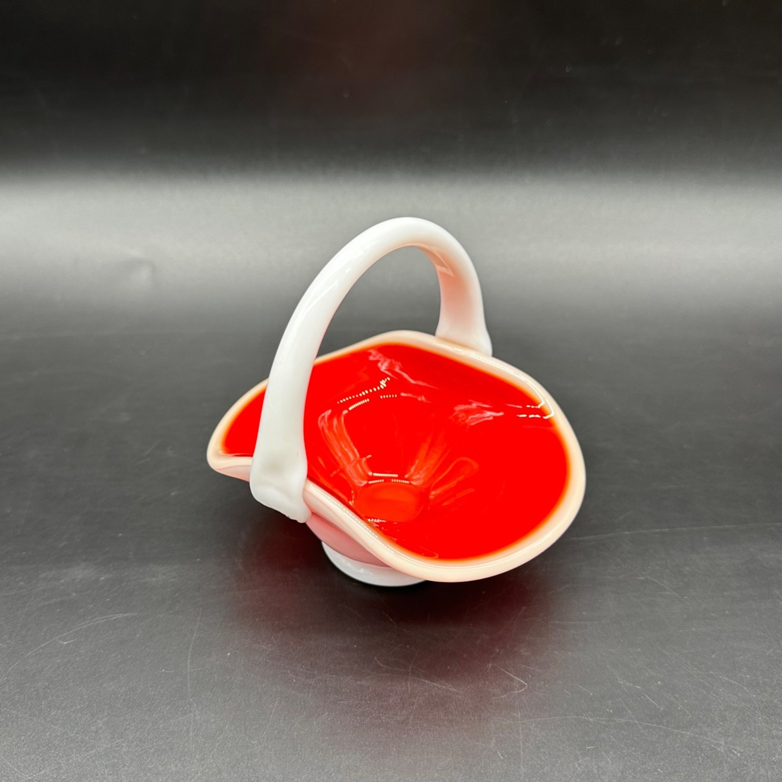 Art Glass Basket Cased White Red Trinket Dish Jewelry Holder Applied Handle