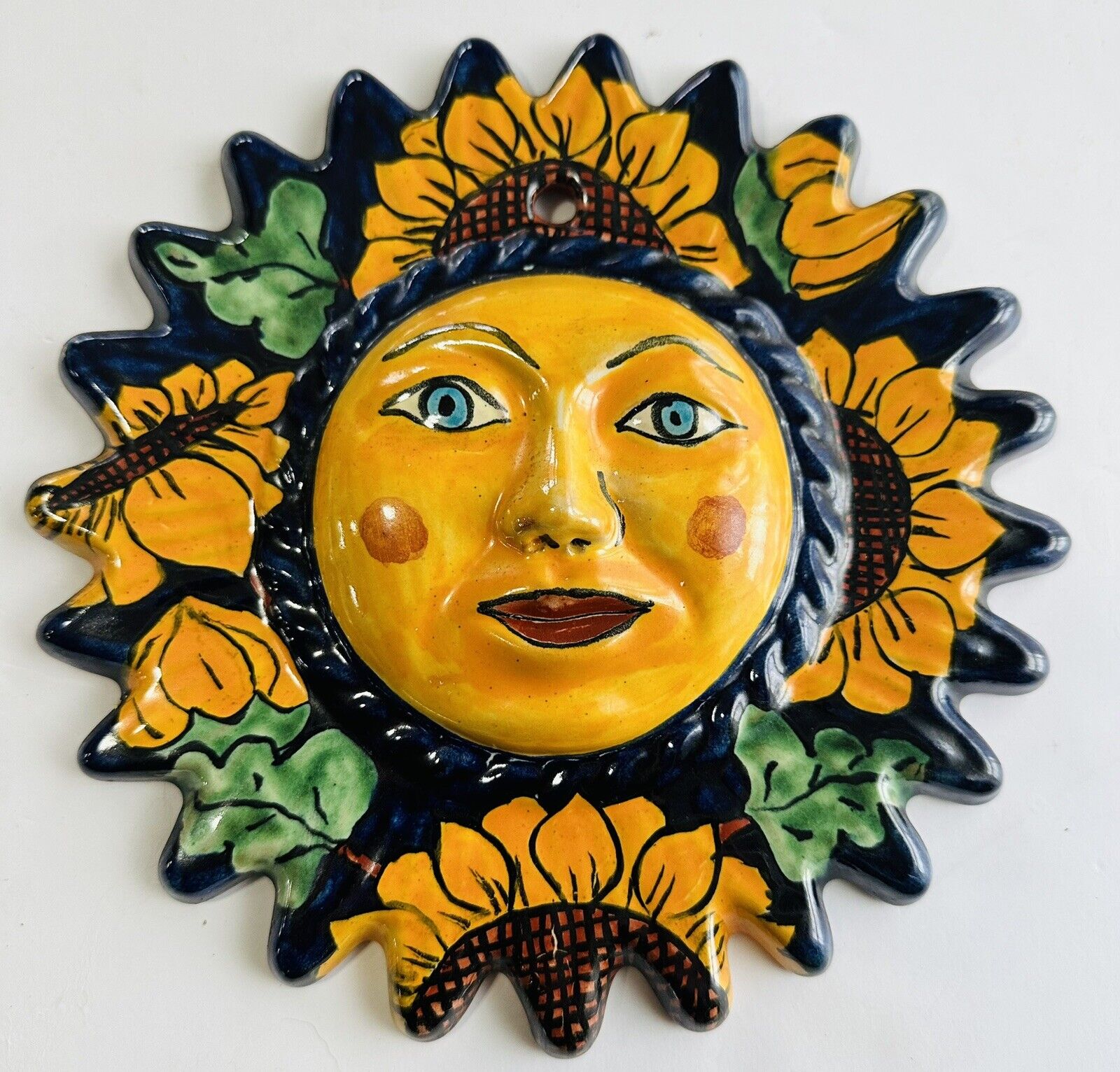 Mexican Talavera Ceramic Clay Sun Face Wall Decor Hanging Pottery Folk Art 9”