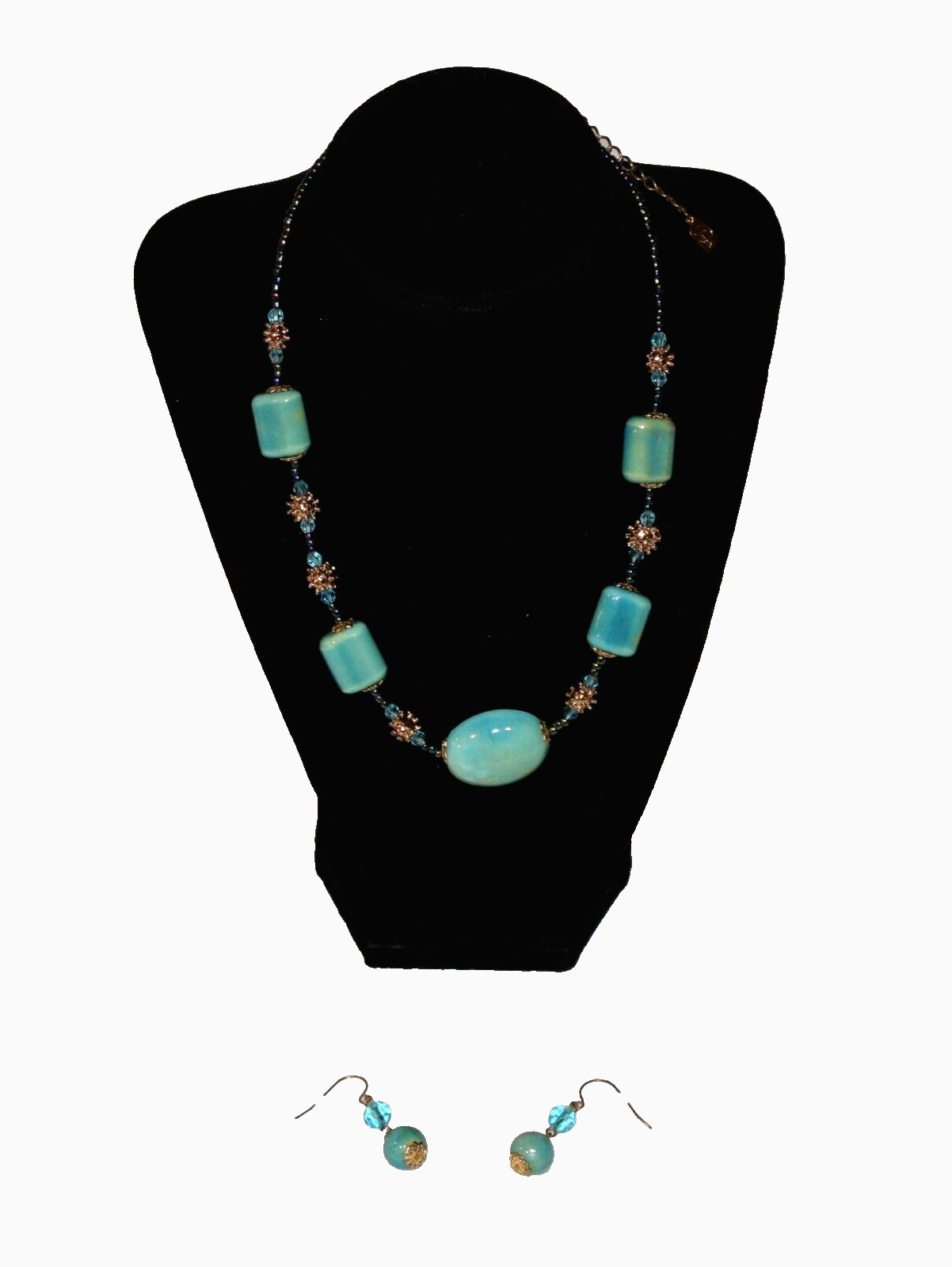 VTG Yousi Faux Turquoise Necklace & Pierced Earring Set Marbled Beaded Dangle