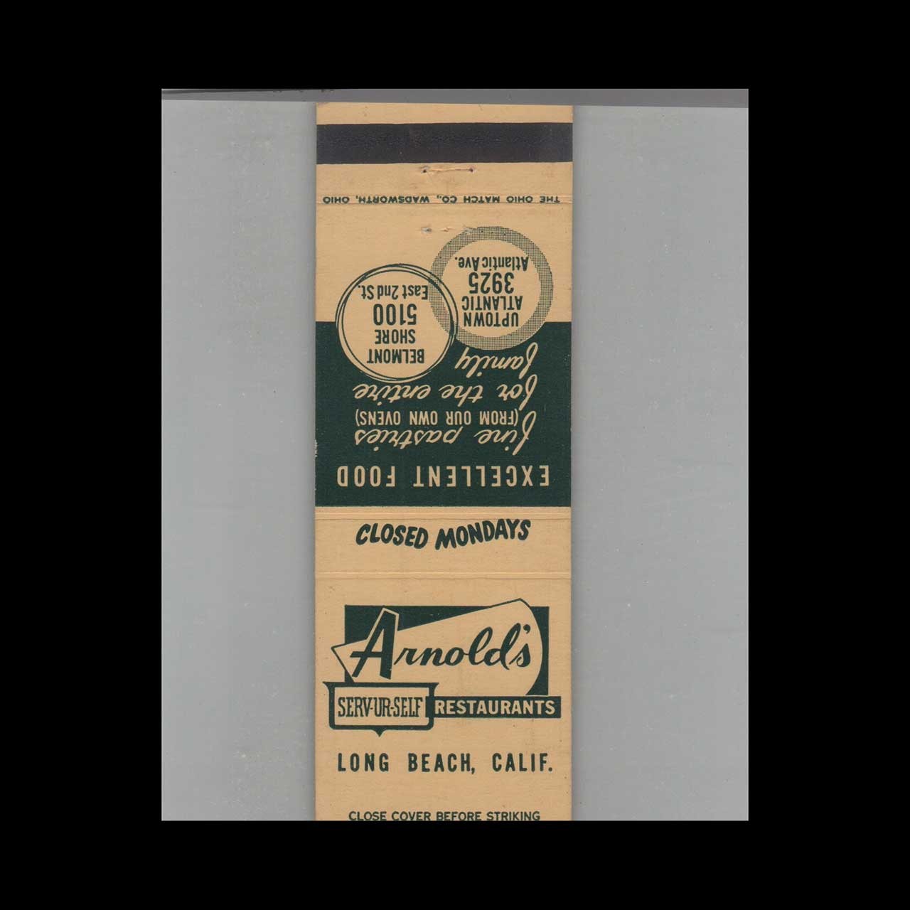 Matchbook Cover Arnold\'s Serv-Ur-Self Restaurants Long Beach, CA