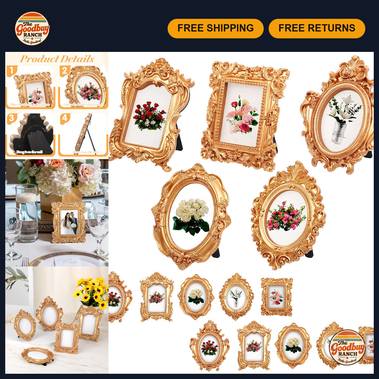 15 Pcs Mini Vintage Picture Frames - Gold Baroque Oval Rectangle Table Decor