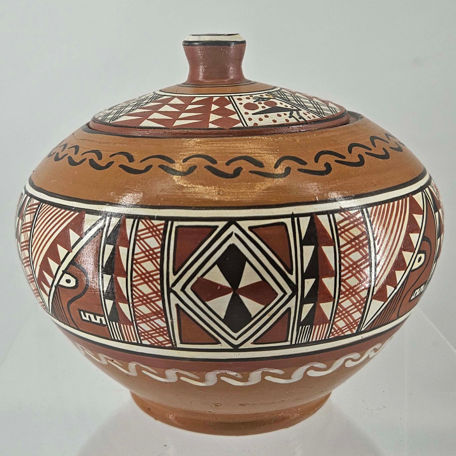 Vintage clay hand painted Geometric pattern Pottery Folk art dish w lid Peru
