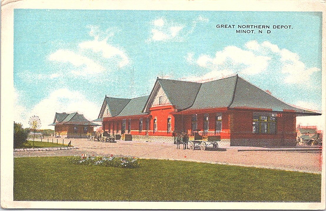Lithograph Minot North Dakota Great Northern Railroad Depot 1916