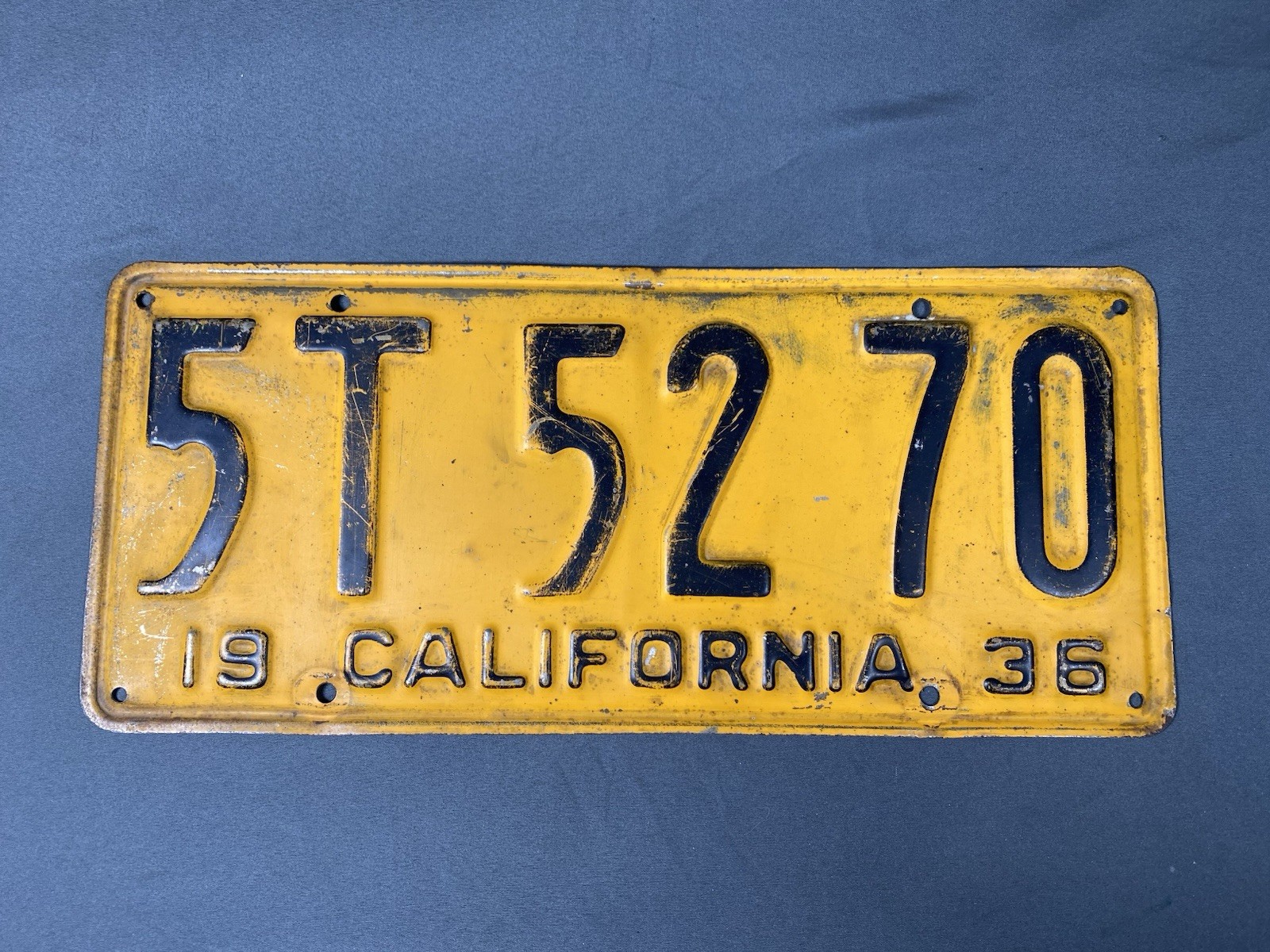 Vintage Yellow 1936 California License Plate # 5T5270 Great Depression Era