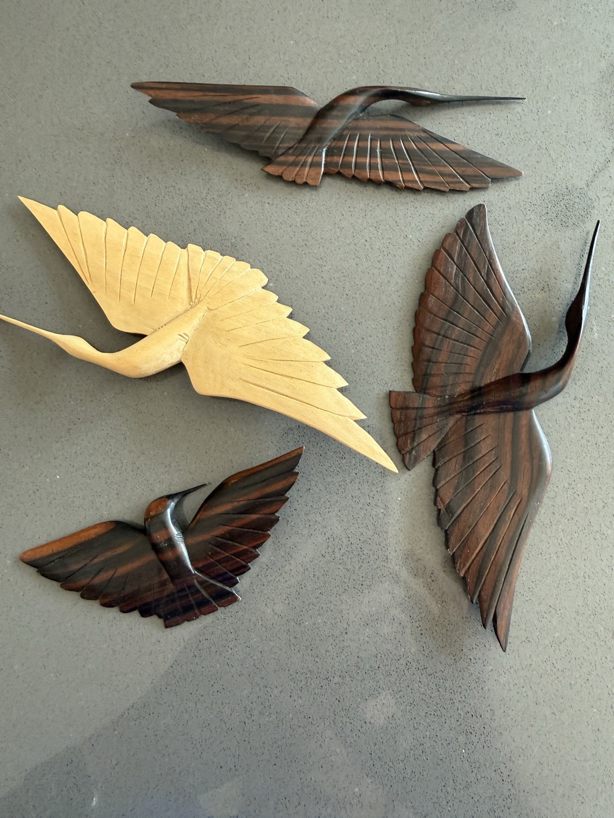 Vintage MSM 4 Wooden Birds In Flight Wall Hanging  Art - Hand Carved Crane Heron
