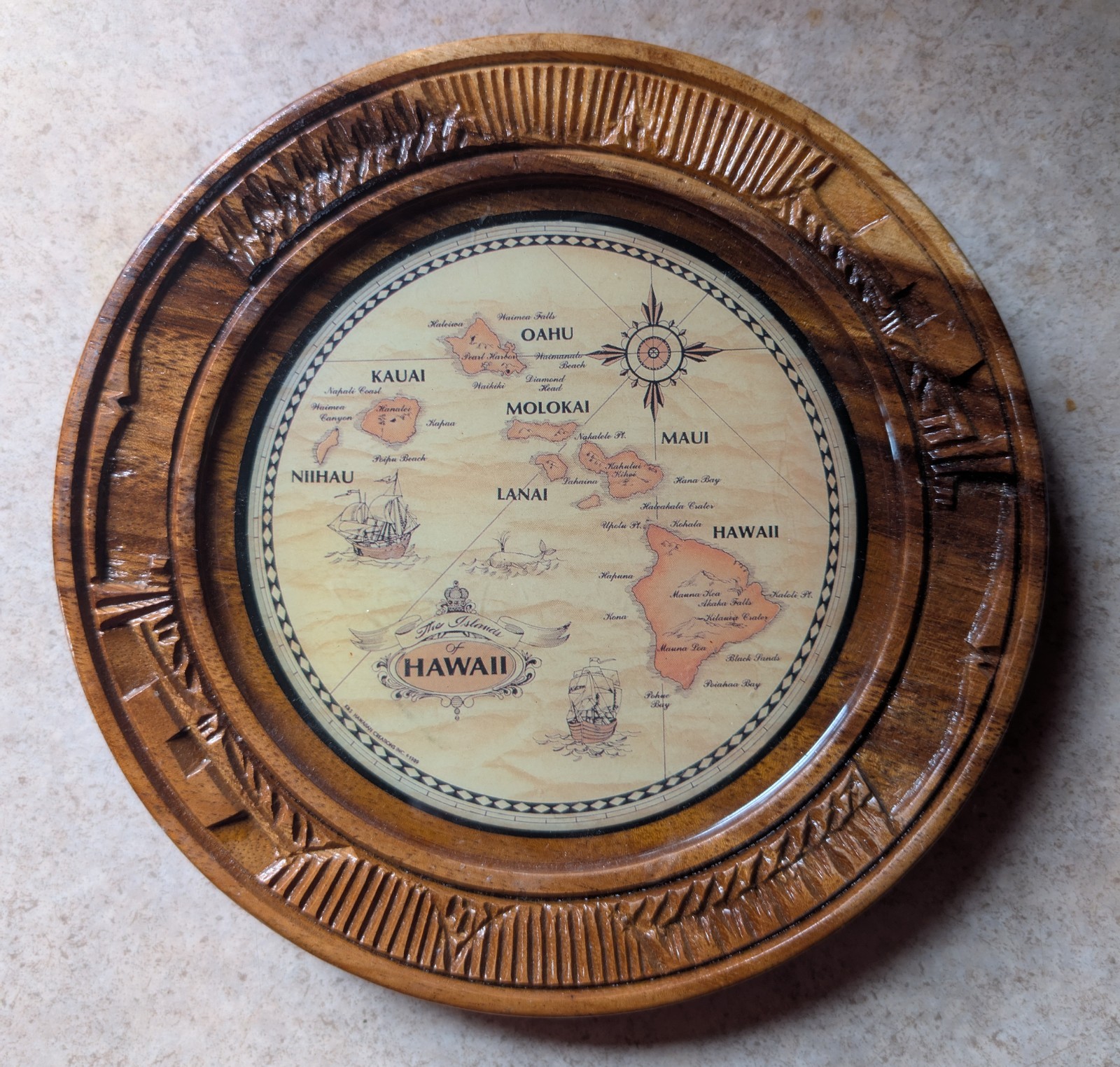 Vtg 1989 Hawaii Map Carved Wood Plate Plaque 8\