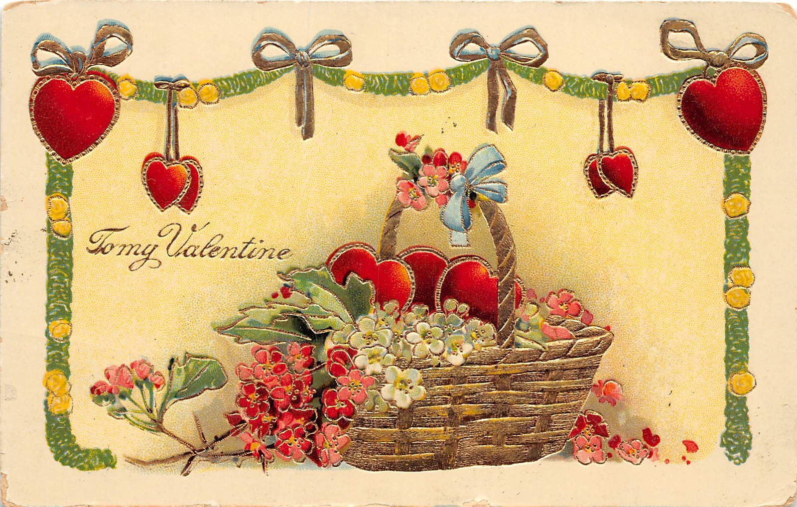 H53/ Valentine\'s Day Love Holiday Postcard c1910 Gold Lined Hearts Basket 64