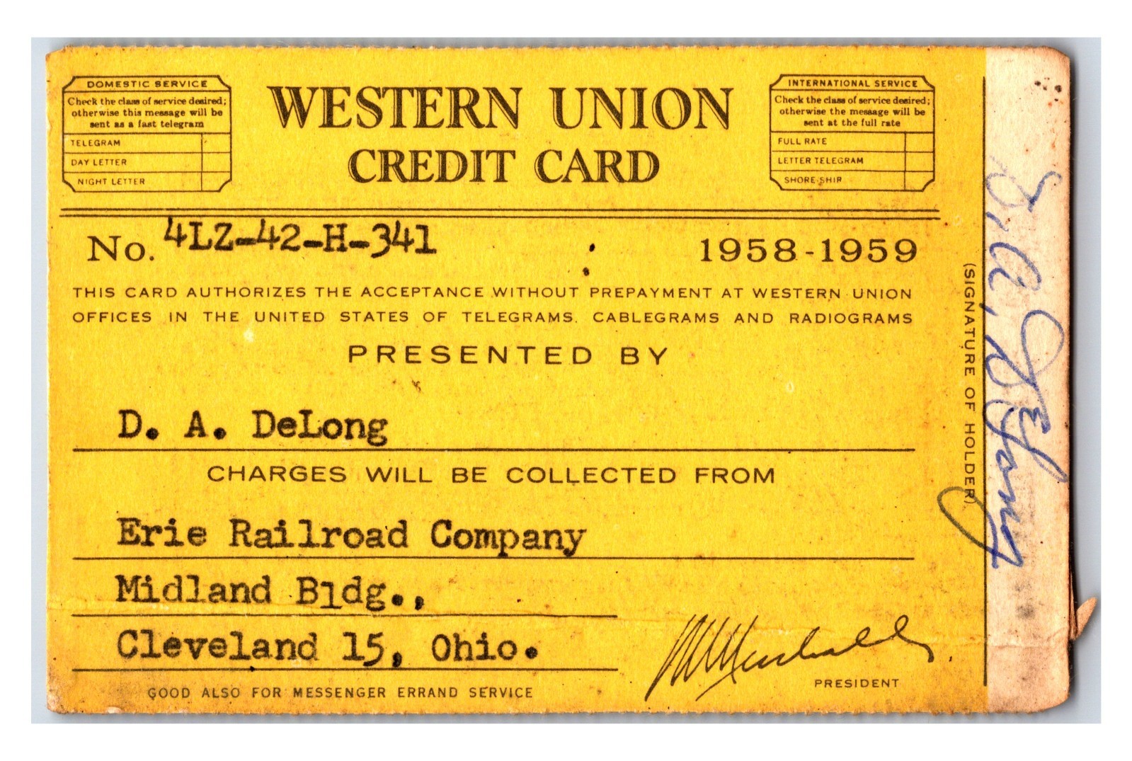 Original 1958 -1959 Western Union Charge Credit Card (Erie Railroad Company)