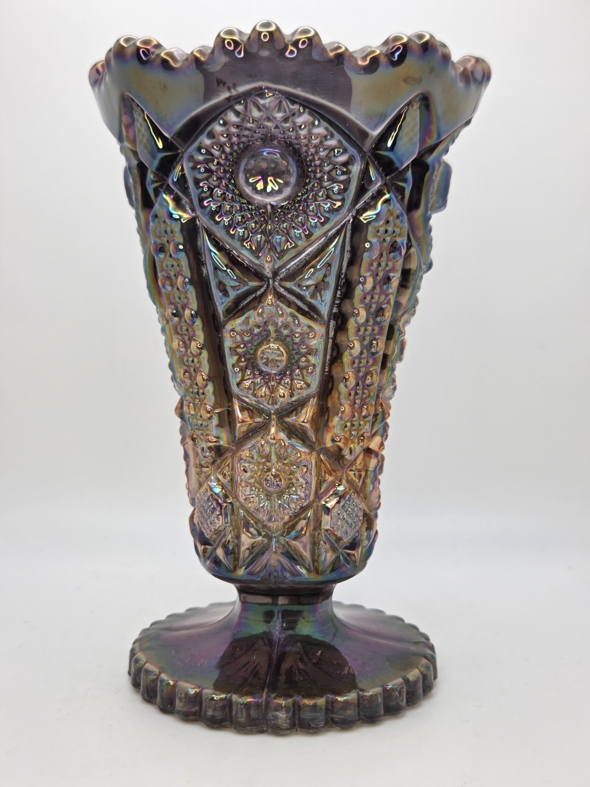 Imperial Glass Co. Electric Blue or Blue Amethyst Iridescent Carnival Glass Vase