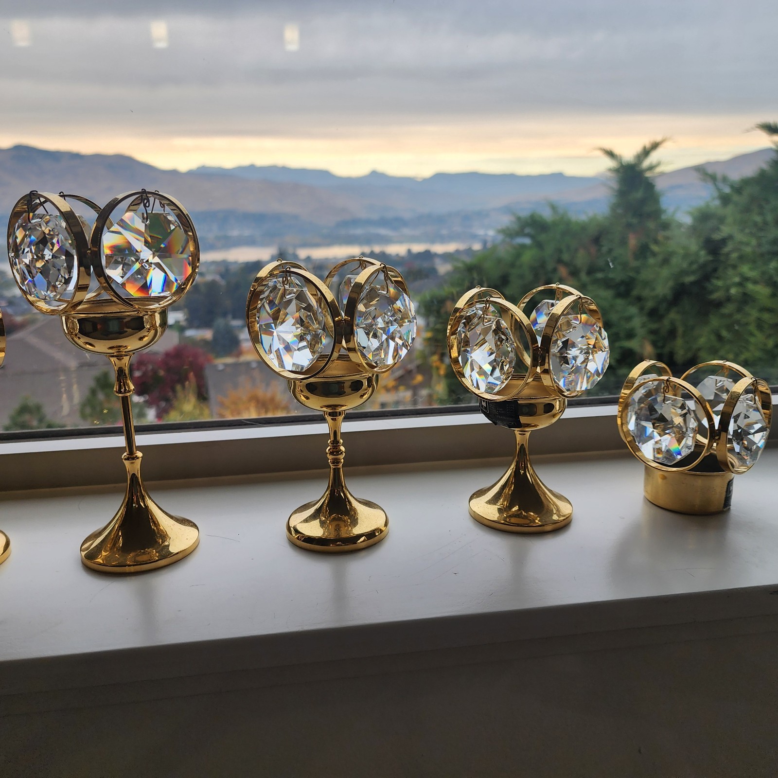 Vtg 24K Gold Plated Candle Holders W/ Crystal Prisms - Set Of 7 Vtg 24K Gold Plated Candle Holders W/ Crystal Prisms - Set Of 7