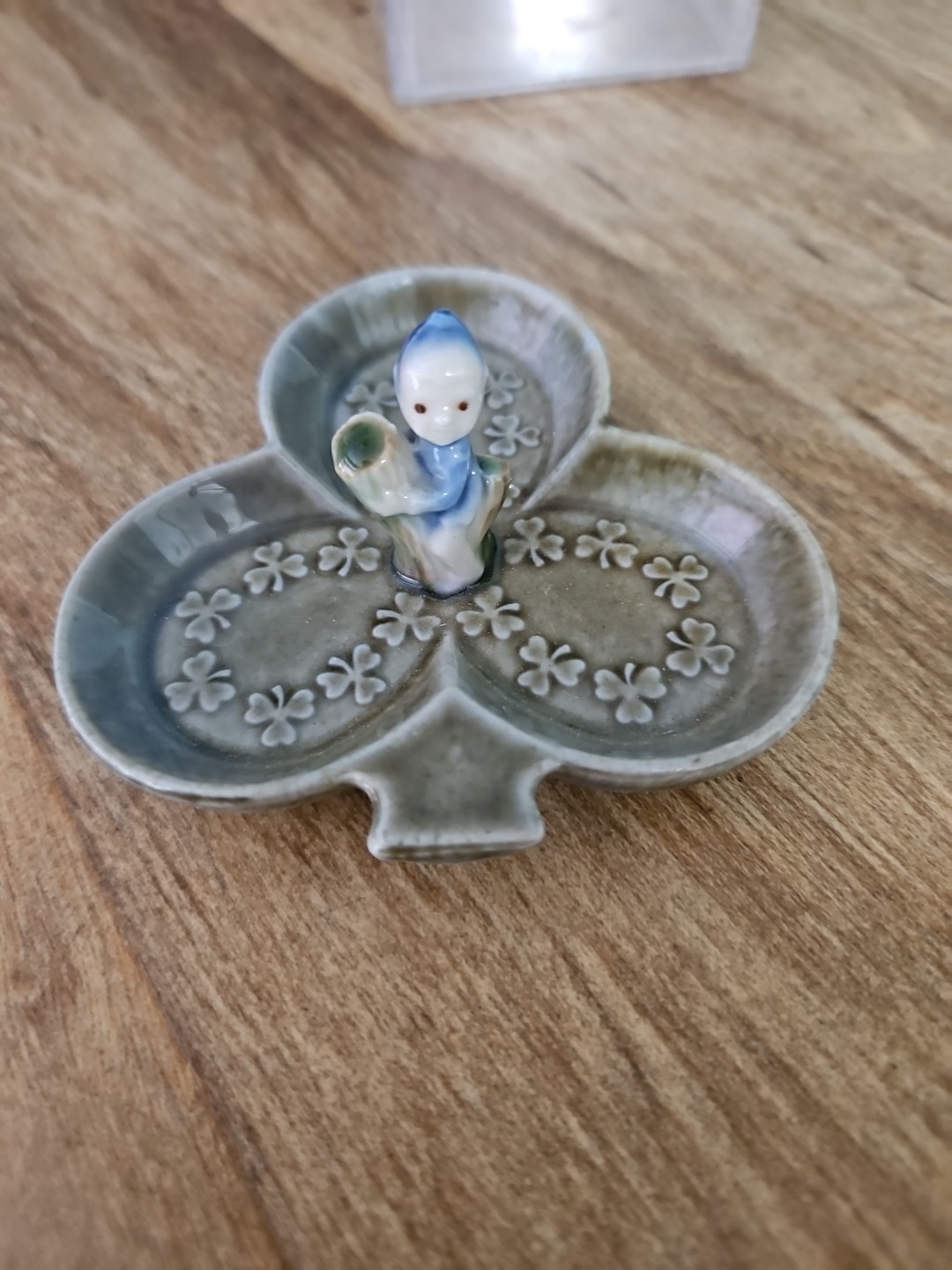 Irish Fairy Ring Dish Blue Green Irish Pottery Clover Shaped Trinket Ireland  6A