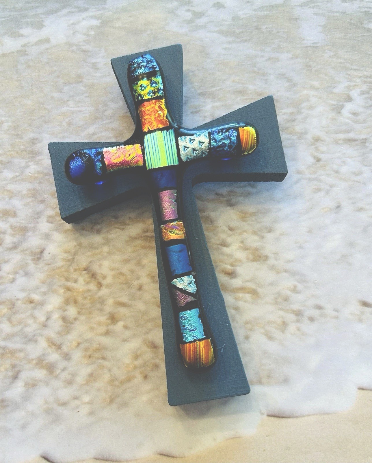 SPECTACULAR UNIQUE FUSED DICHROIC WALL CROSS-MOUNTED ON WOOD CROSS & HAND ETCHED