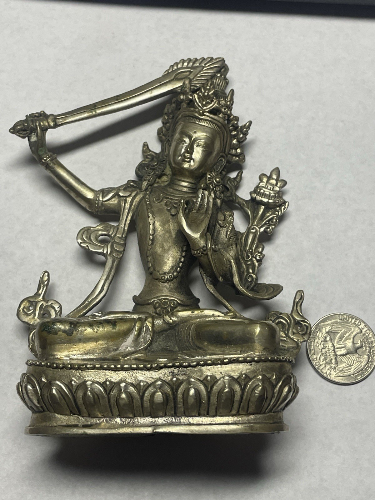 Vintage Silver Toned Manjushri Bodhisattva Bronze Statue