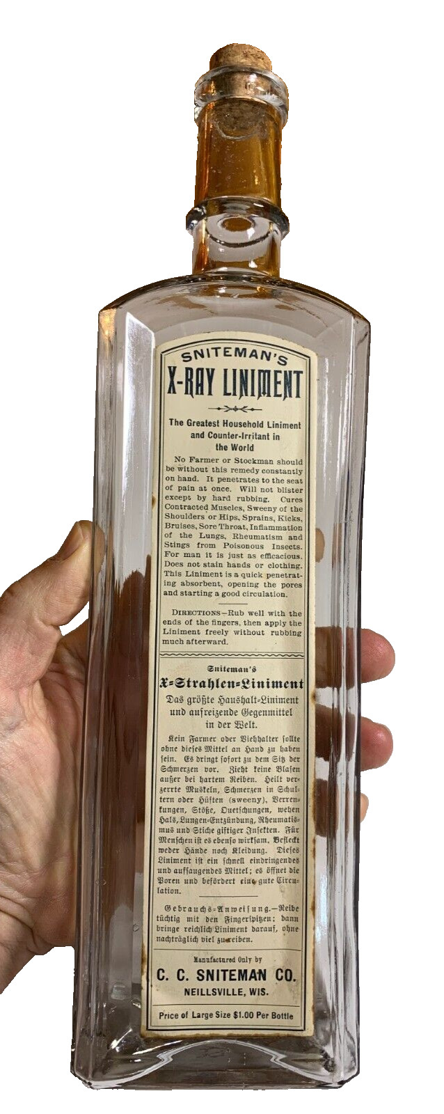 Antique SNITEMAN\'S X-RAY LINIMENT Quack Med Bottle LABELED NEILLSVILLE WISCONSIN