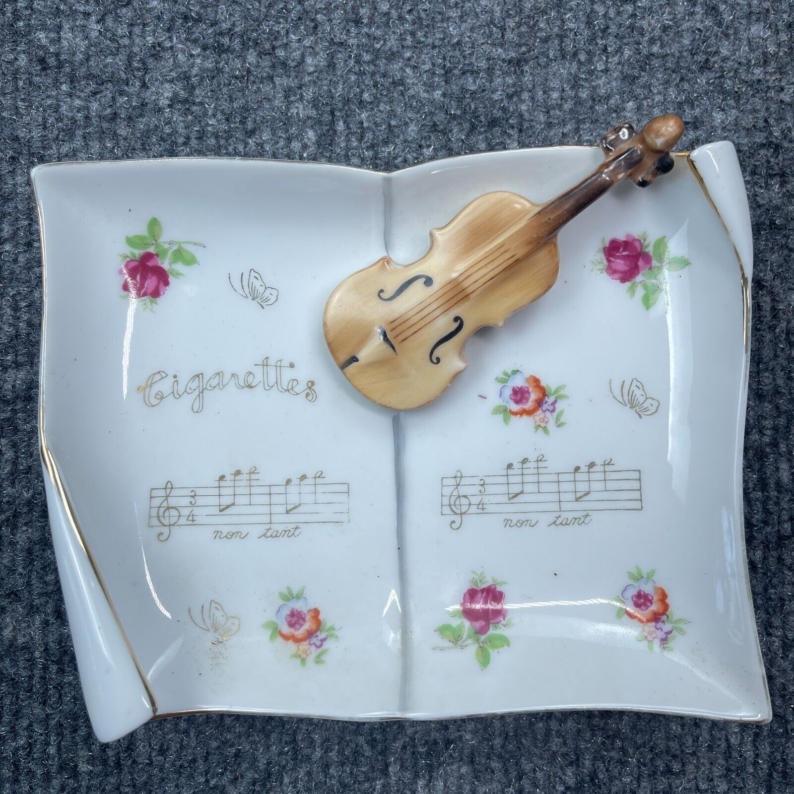Vintage Capodimonte Music Book Notes Ashtray Applied Violin Flowers Gold Accents