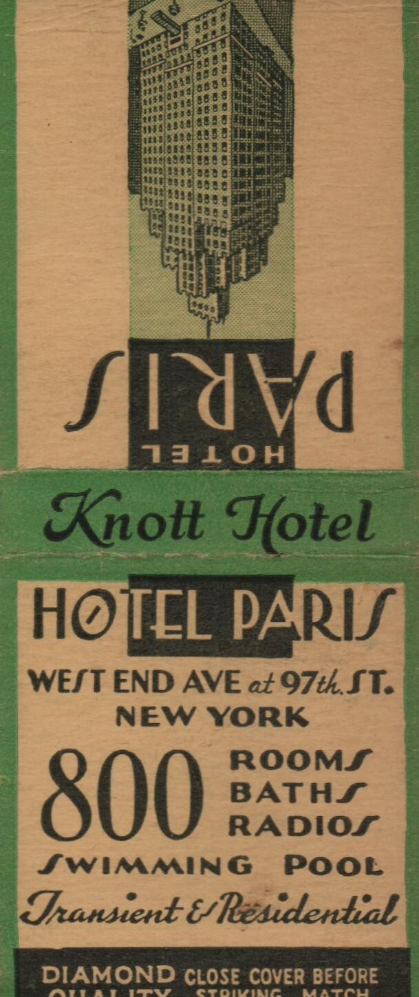 Vtg Bobtail Matchbook Cover Hotel Paris New York