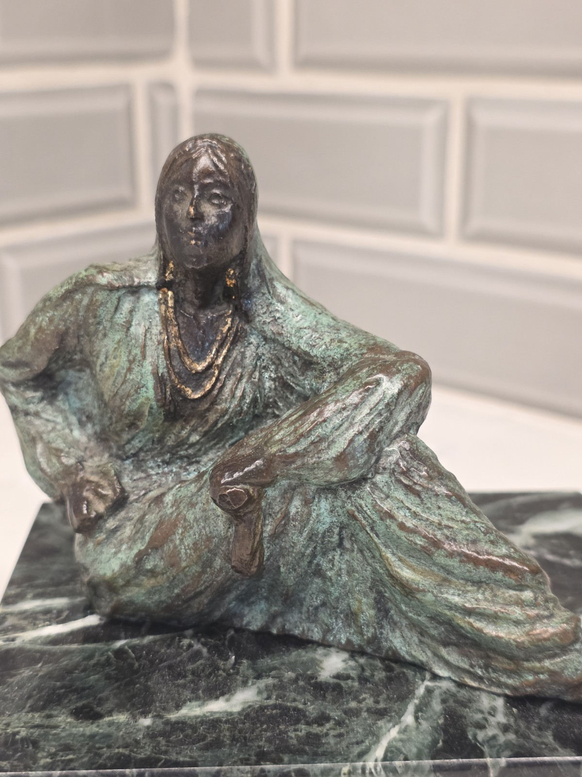 Ann Froman Signed Bronze Sculpture Reclining Woman Gold Gilt 18/100 Green Marble