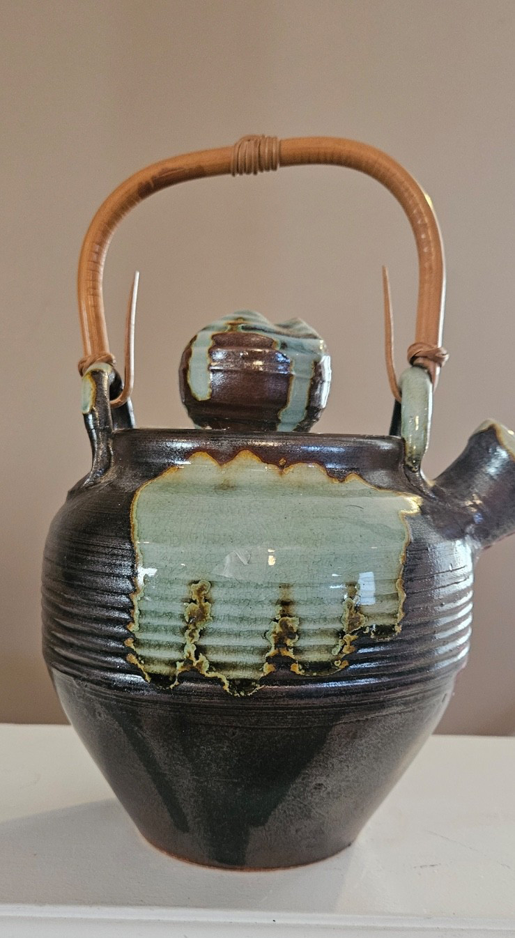 Vintage Japanese Studio Pottery Teapot Oribe Green Drip Glaze Bamboo Handle Vintage Japanese Studio Pottery Teapot Oribe Green Drip Glaze Bamboo Handle