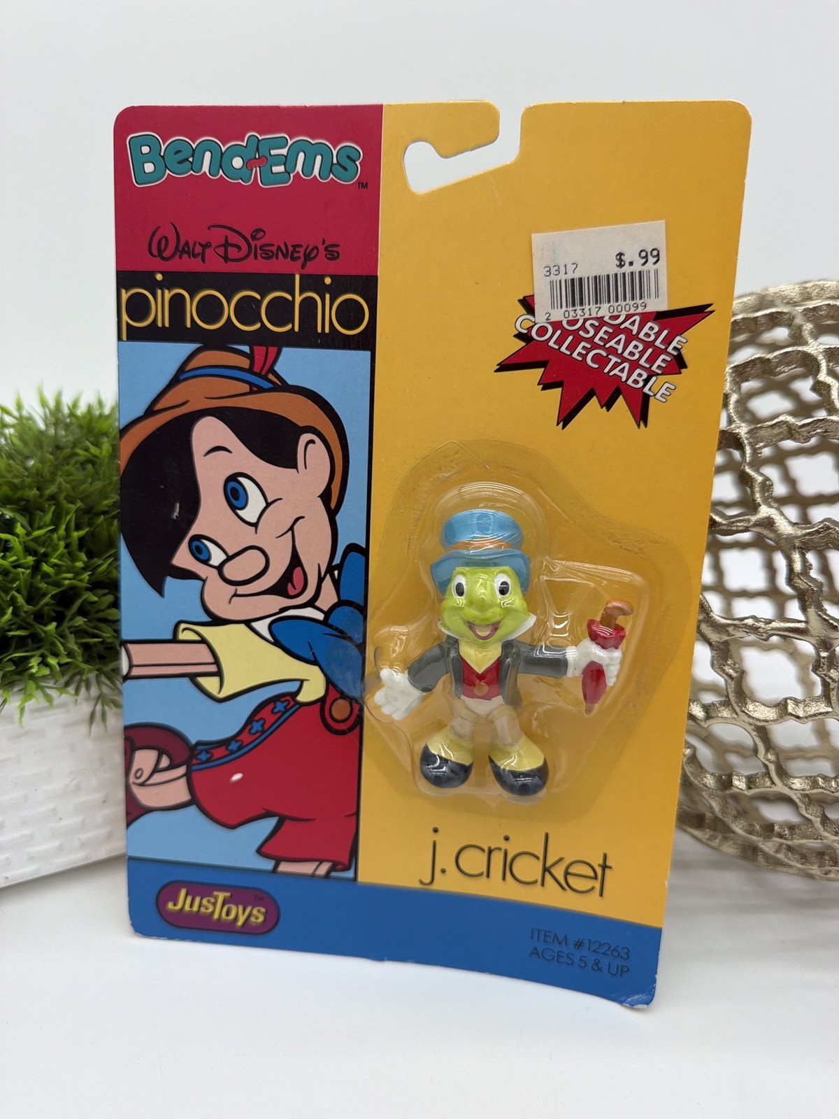 Vintage Disney Bend-Ems Jiminy Cricket Pinocchio JusToys 12263 Carded Vintage Disney Bend-Ems Jiminy Cricket Pinocchio JusToys 12263 Carded