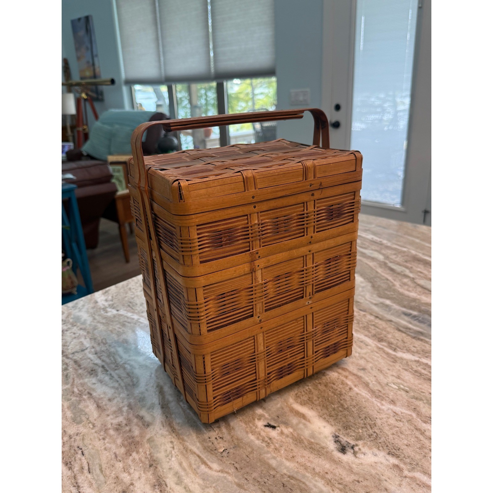 Vintage Chinese Wedding Basket 3 Tier Stacking Woven Bamboo Picnic Box Wood