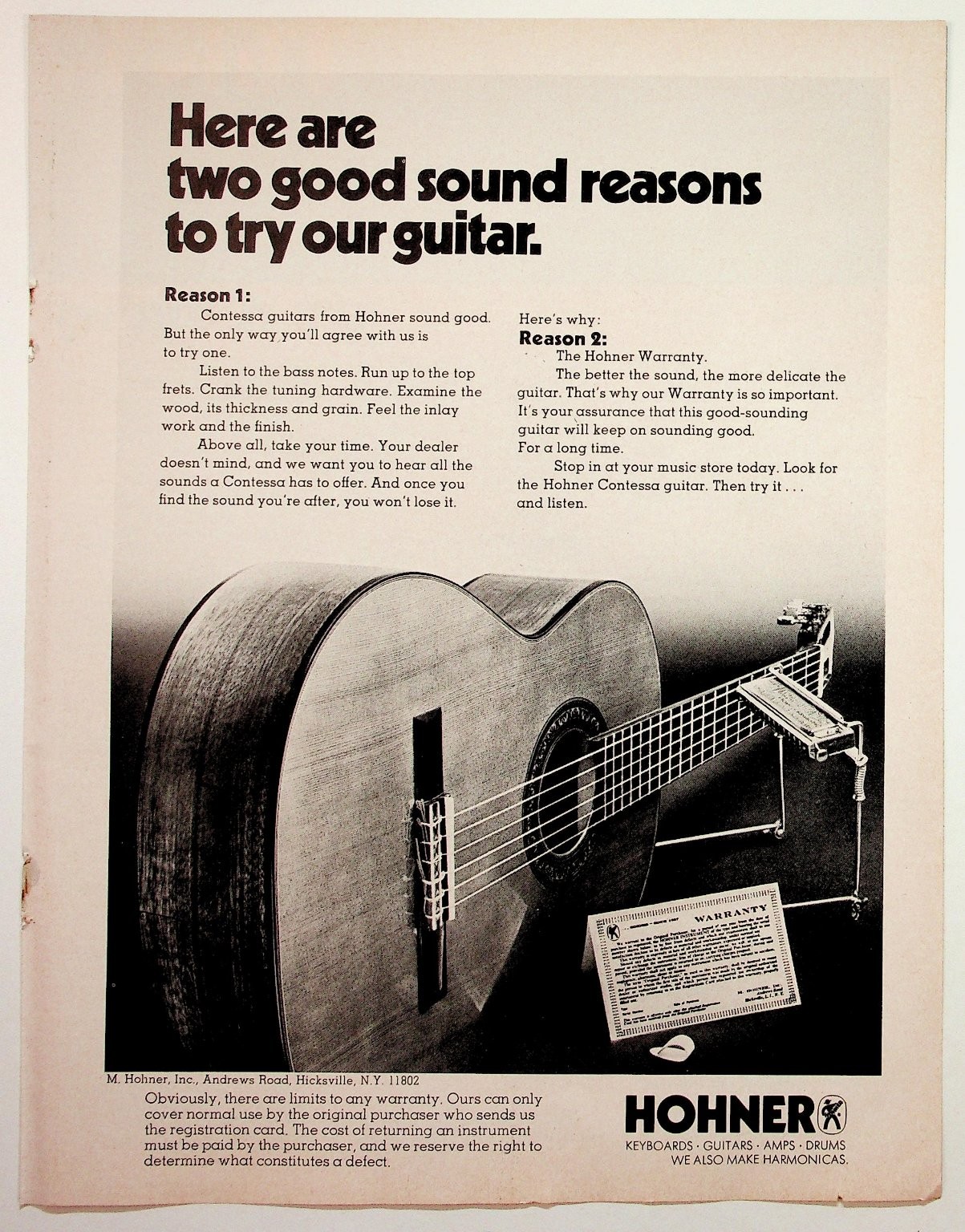Vintage Hohner Contessa Acoustic Guitar Music Ad Print Advertisement Hicksville