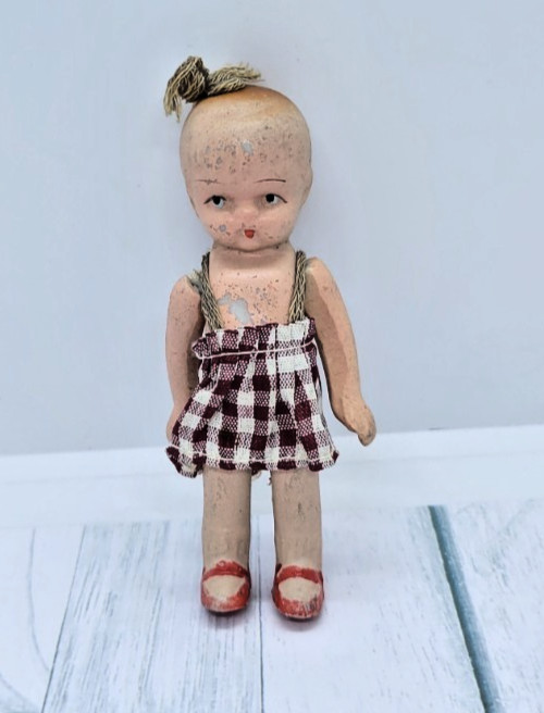 Vintage Japan Bisque Doll Painted Top Knot Tie Knot Hair Jointed Arms Gingham 4\
