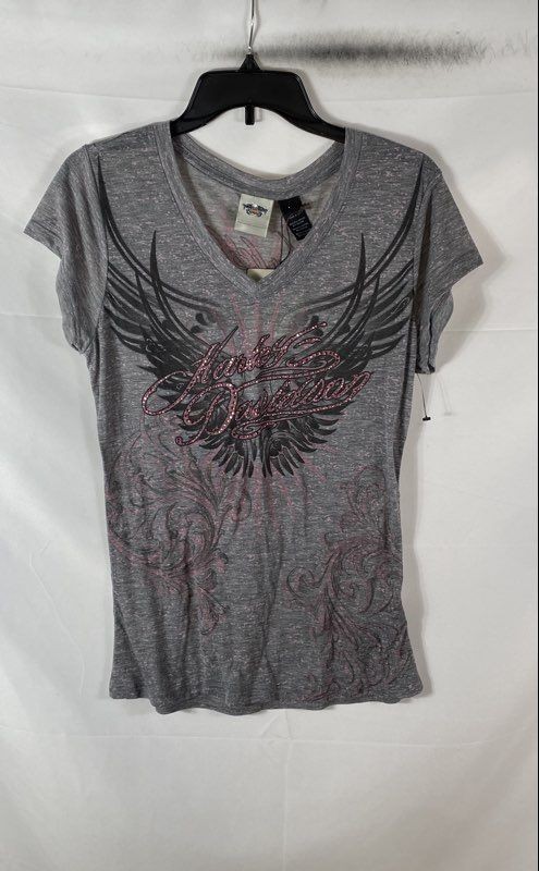 Harley-Davidson Women's Gray Burnout Winged Rhinestone V-Neck Tee Sz L NWT