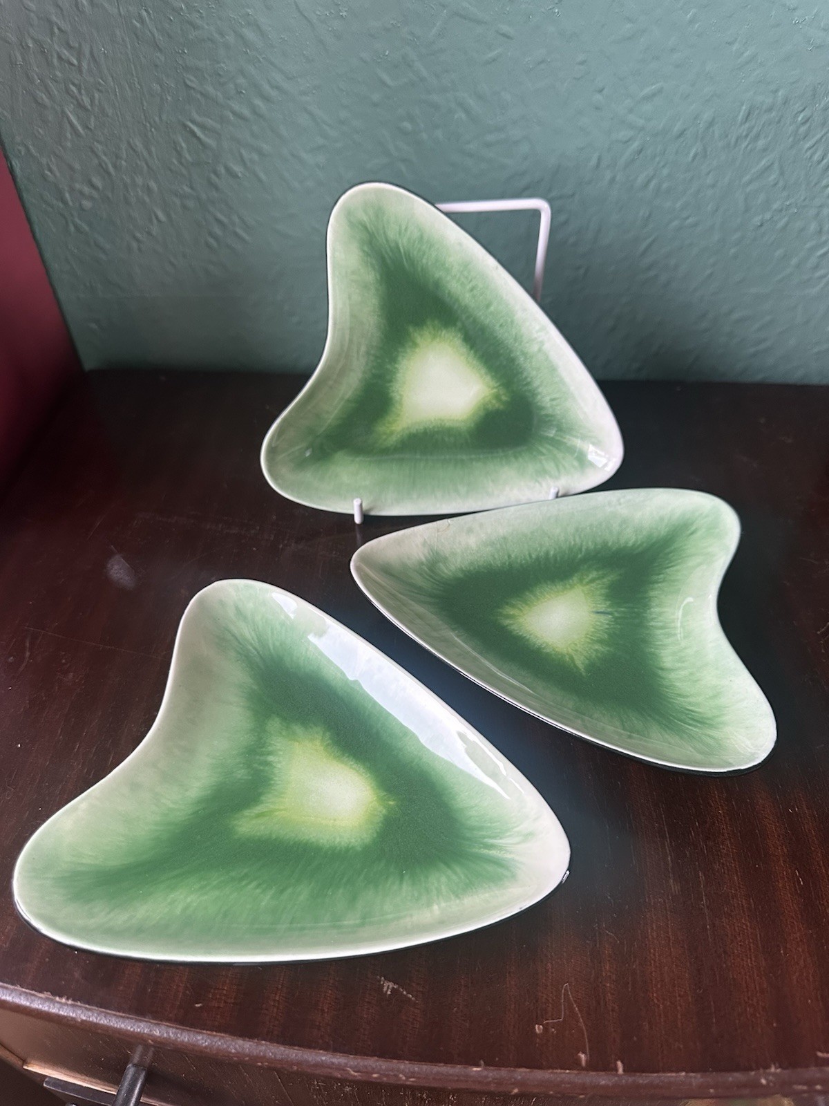 Vintage Set Of 3 Seyei Japan Green Boomerang Dishes