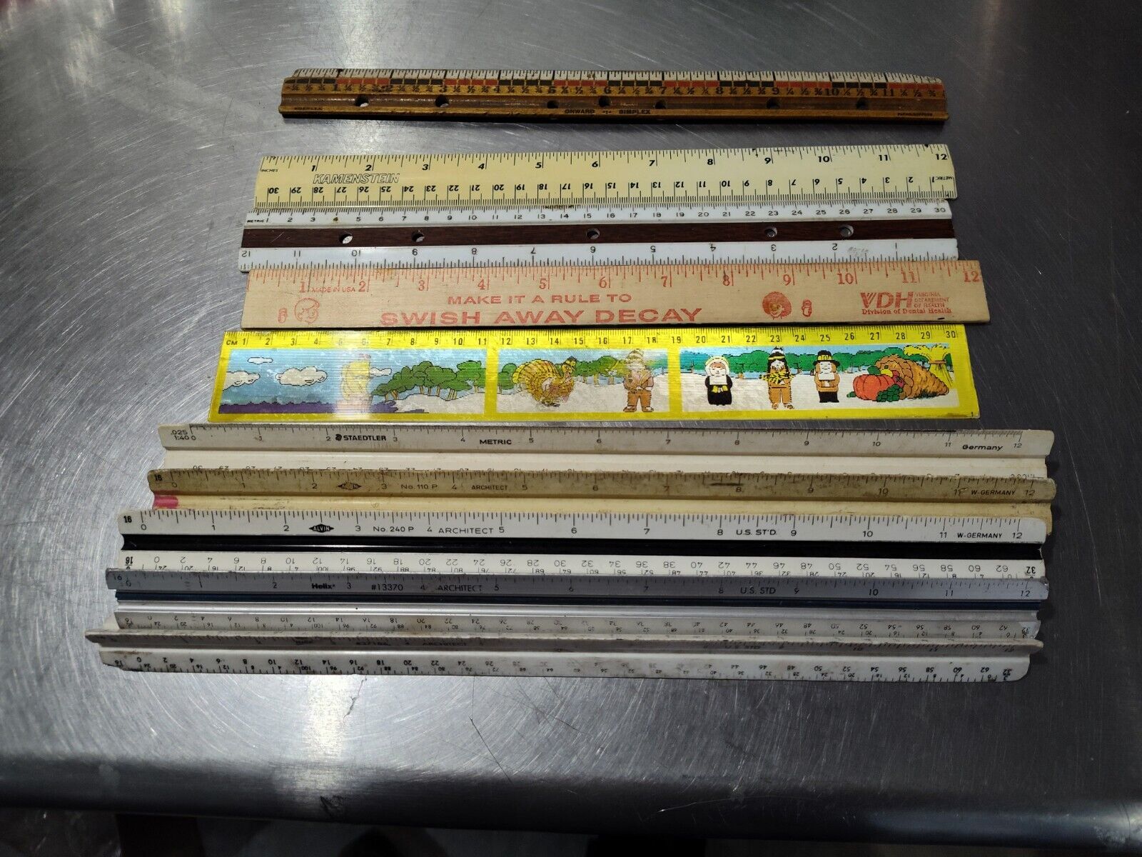 Vintage Triangular Architect & Mixed Flat Rulers Lot Of 8 Made In Germany & USA