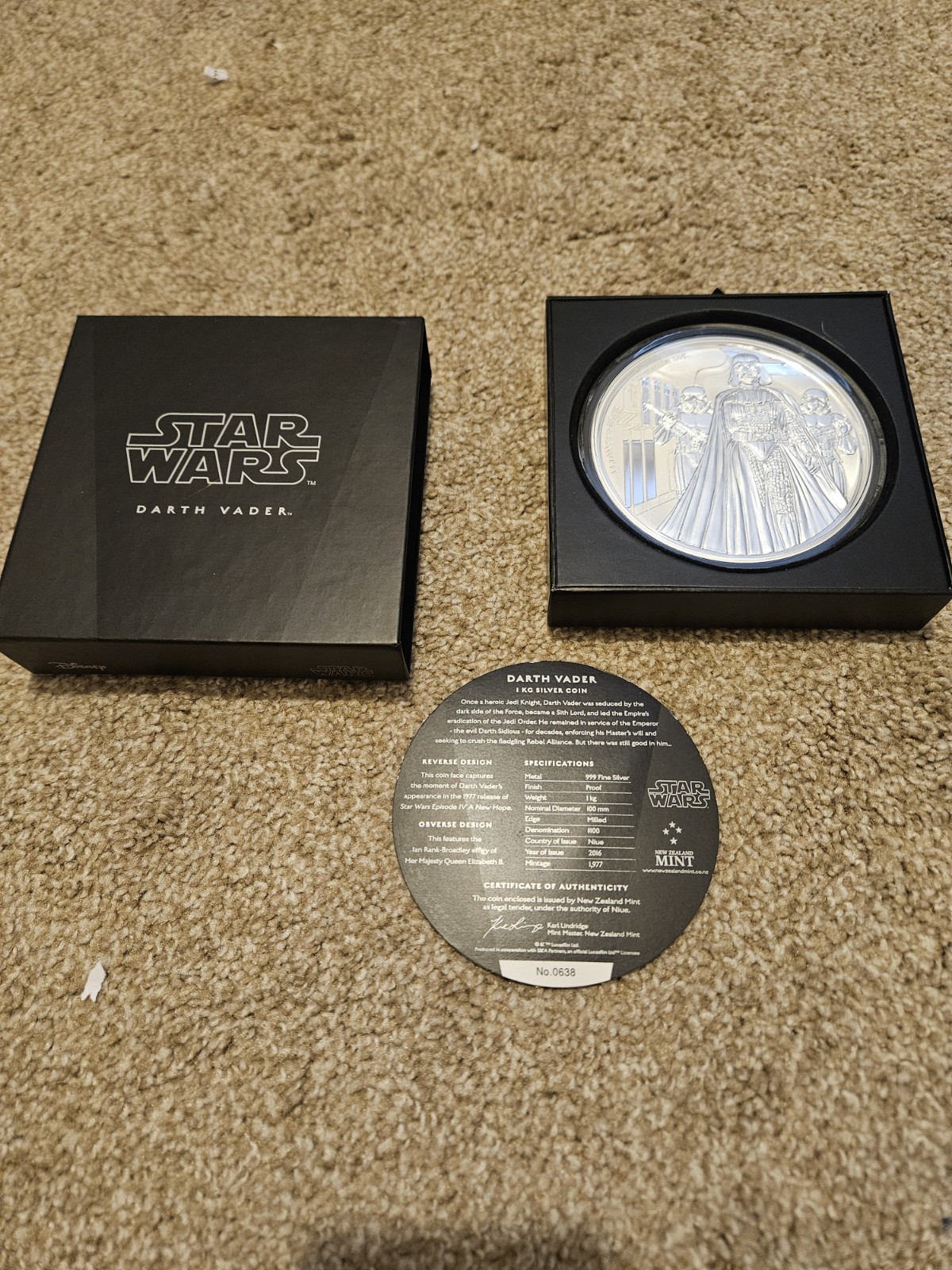 New Zealand Mint Star Wars Darth Vader 2016 1 Kilogram Silver Coin w/ Box Insert