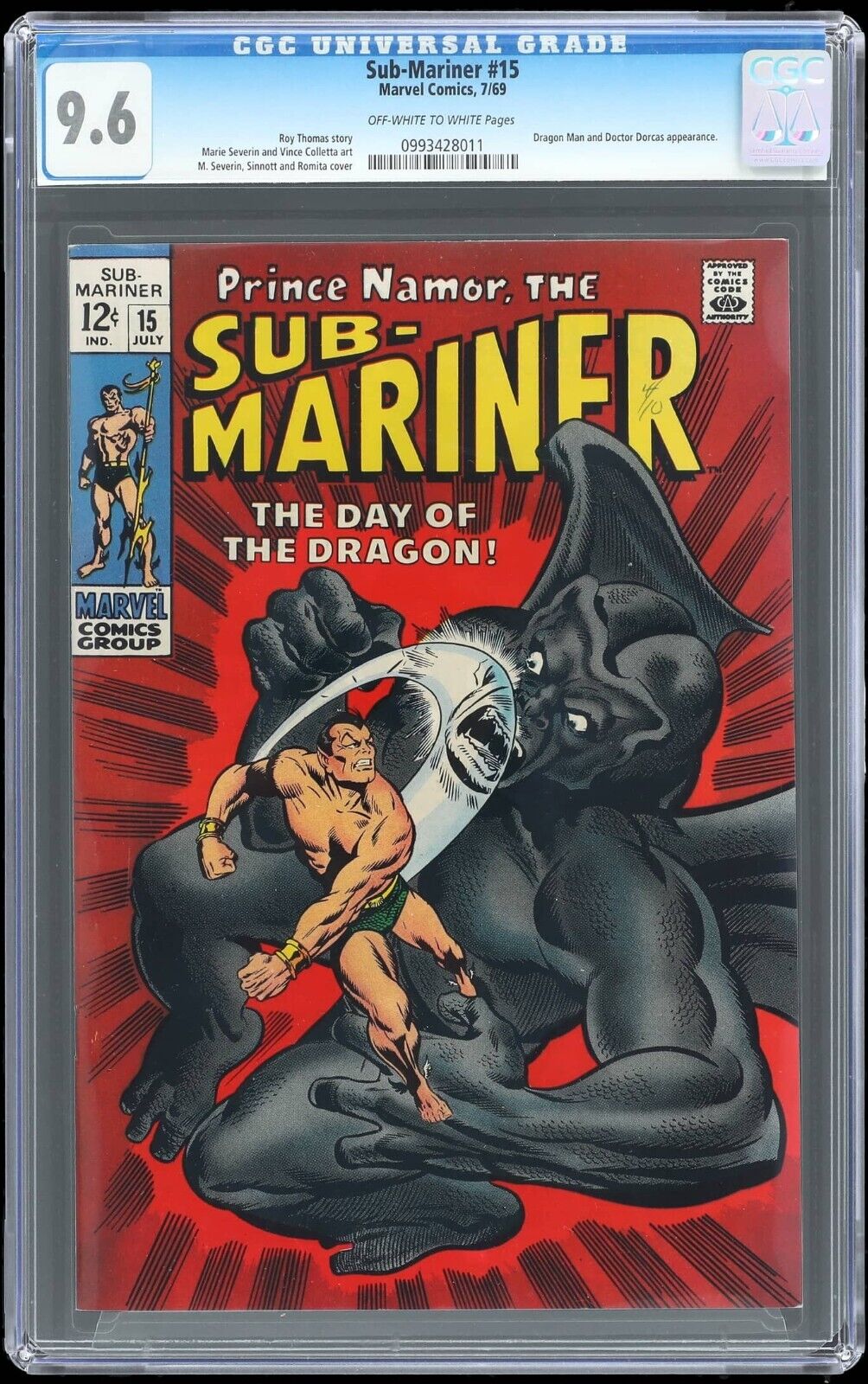 1969 Marvel Prince Namor The Sub-Mariner #15 CGC 9.6 Dragon Man & Doctor Dorcas