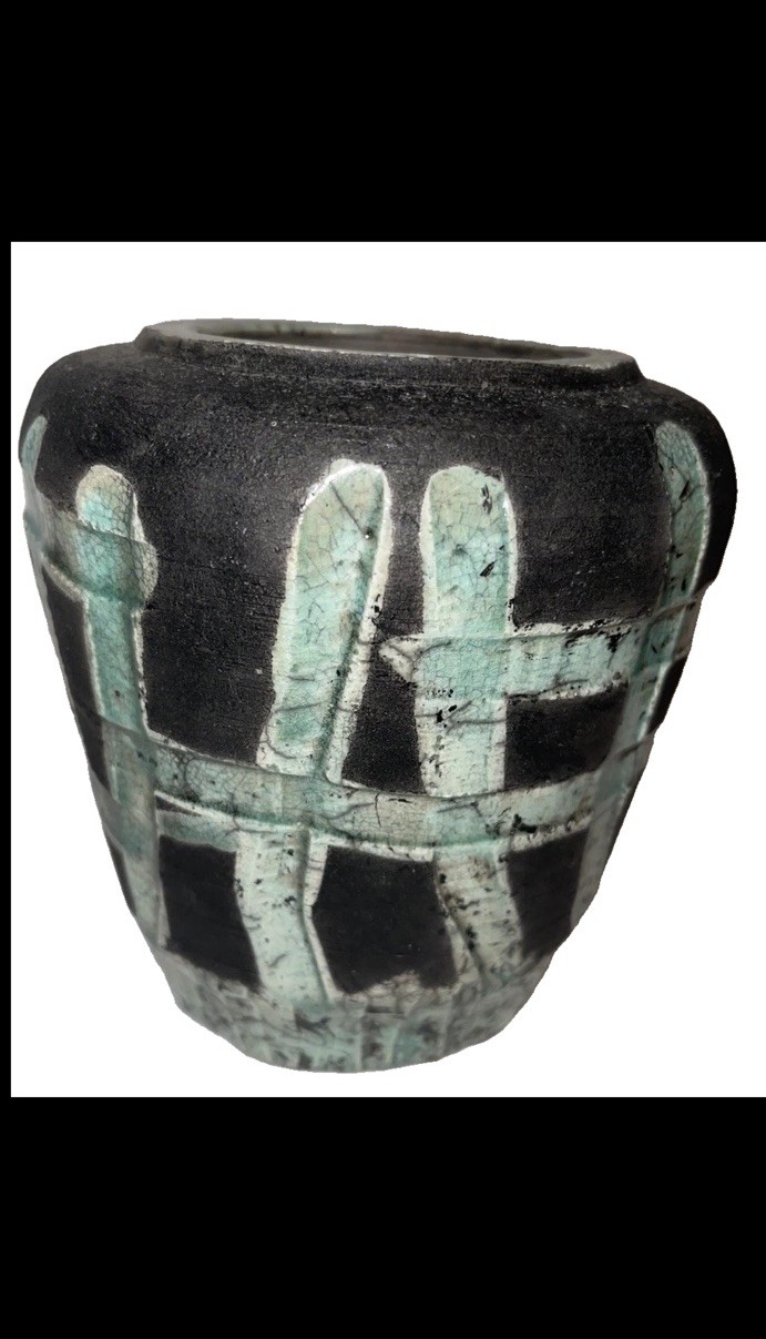 Fun Rare Vintage Raku Pottery Vase Signed Green Black