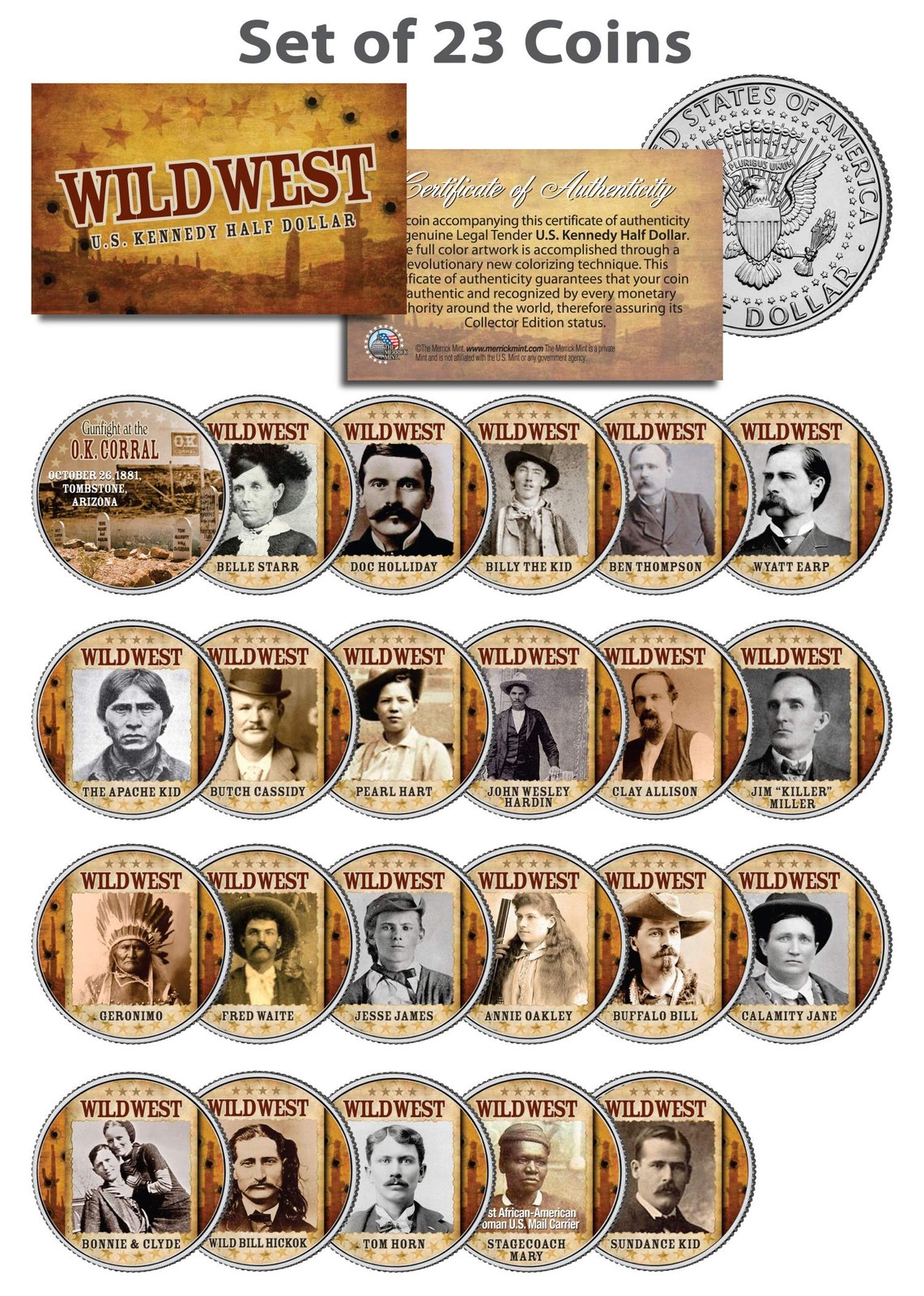 WILD WEST / OLD WEST OUTLAWS Complete Set of 23 U.S. Mint JFK Half Dollar Coins