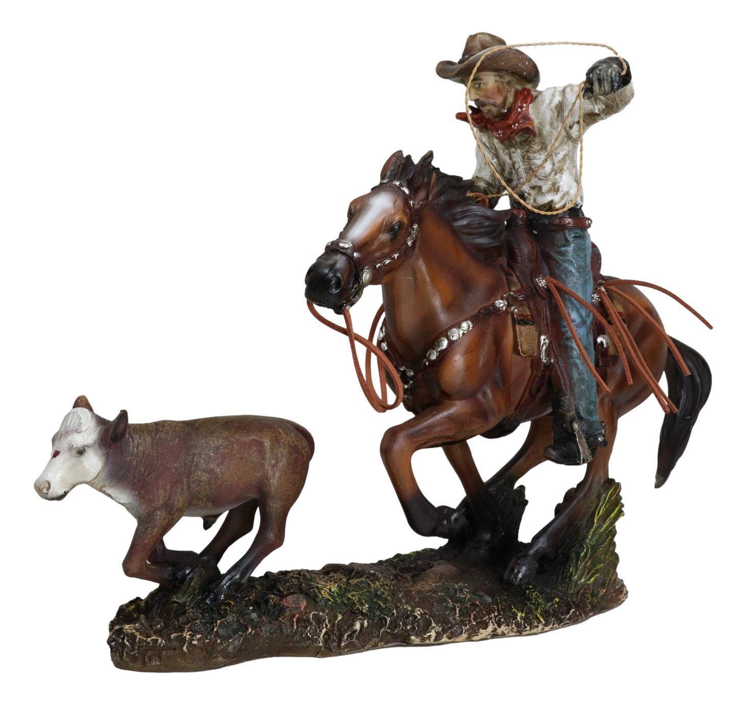 Rustic Western Cowboy Riding On Horse Rodeo Tie Down Roping A Calf Figurine