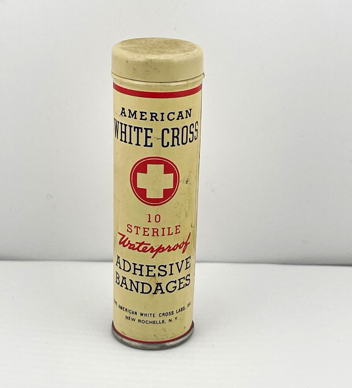 Vintage 1940s American White Cross Bandage Tin Can Cylinder Apothecary Display Vintage 1940s American White Cross Bandage Tin Can Cylinder Apothecary Display
