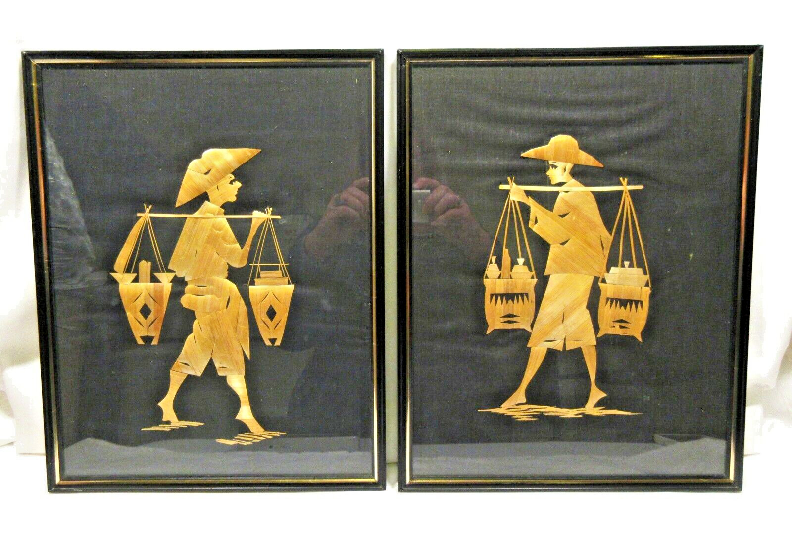 Vintage Framed Southeast Asian Bamboo Grass Art on Black Linen x2 Vintage Framed Southeast Asian Bamboo Grass Art on Black Linen x2