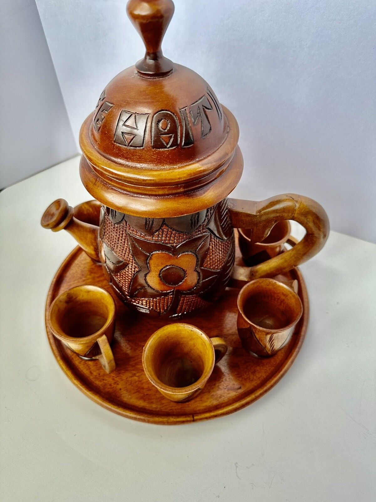 Vintage 9 pc Large HAITI HANDCRAFTED Carved WOOD  Teapot & Set W/ Stand & Cups
