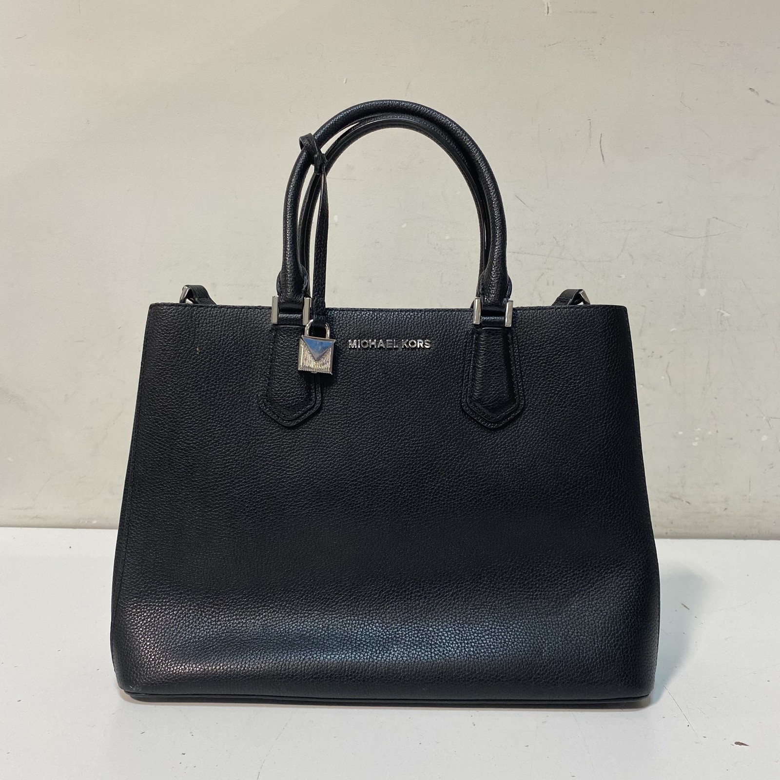 Michael Kors Black Pebbled Leather Large Satchel Bag Silver Hardware