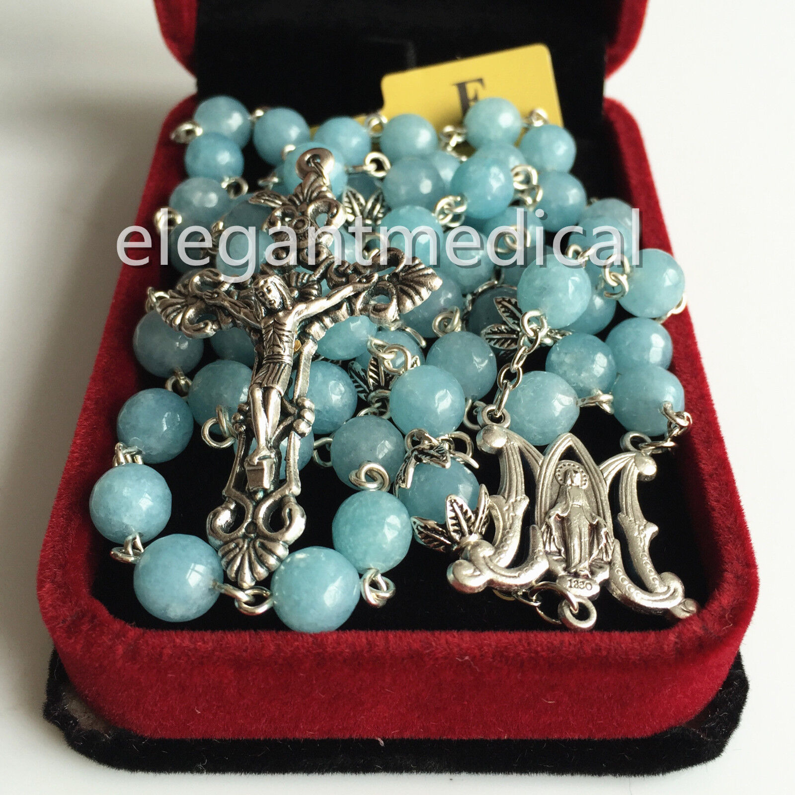 Rare Natural Aquamarine Beads catholic 5 DECADE ROSARY CROSS gifts necklace Box
