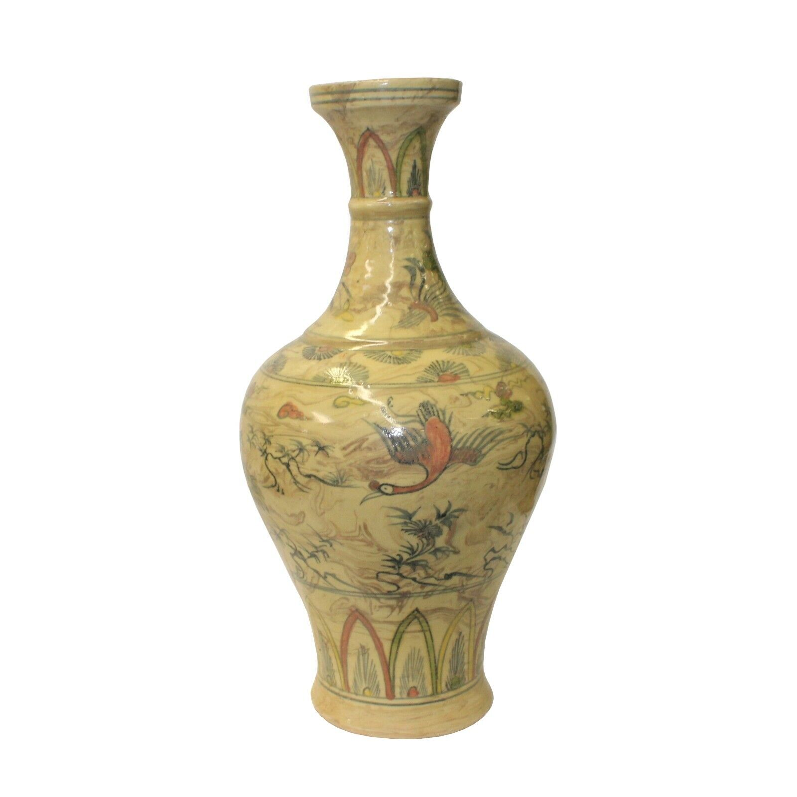 Cream Beige Base Color Flowers Birds Graphic Round Ceramic Vase ws1263