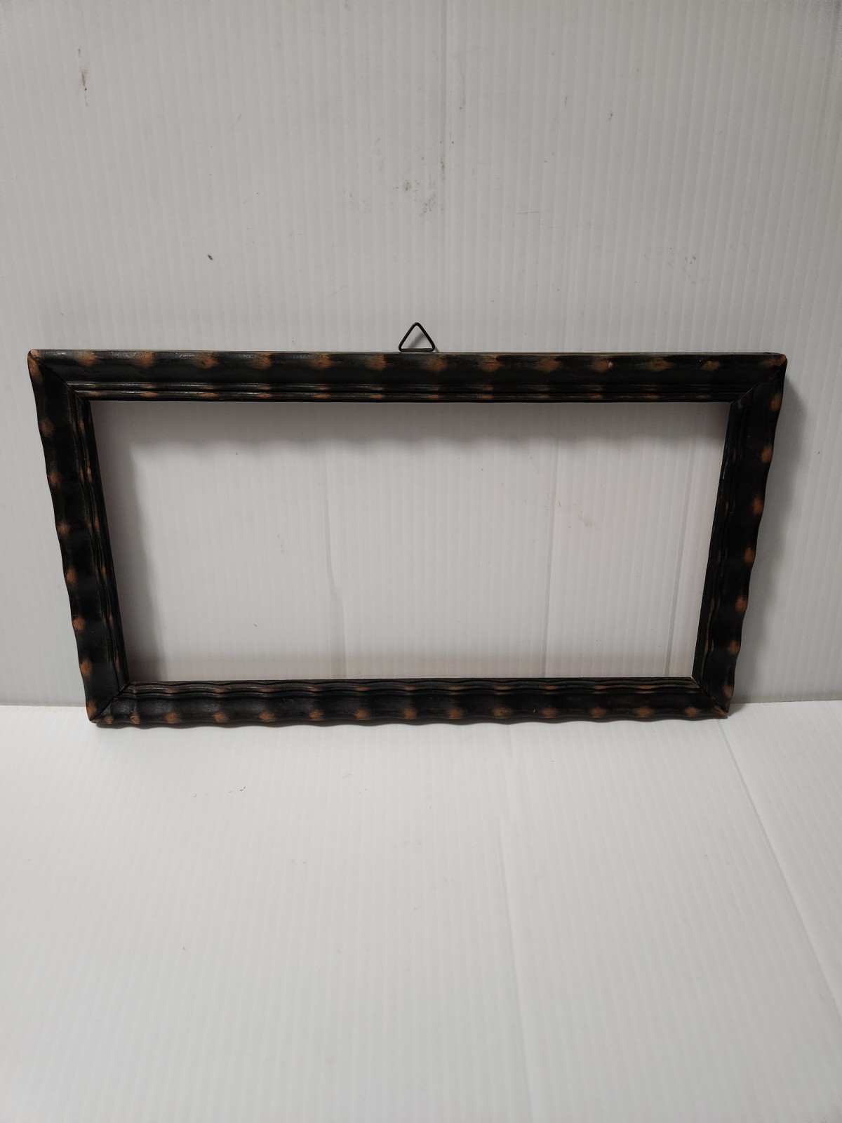 Vintage Tramp Art Scalloped Guilloche Style Wood Frame Distressed Dark Finish