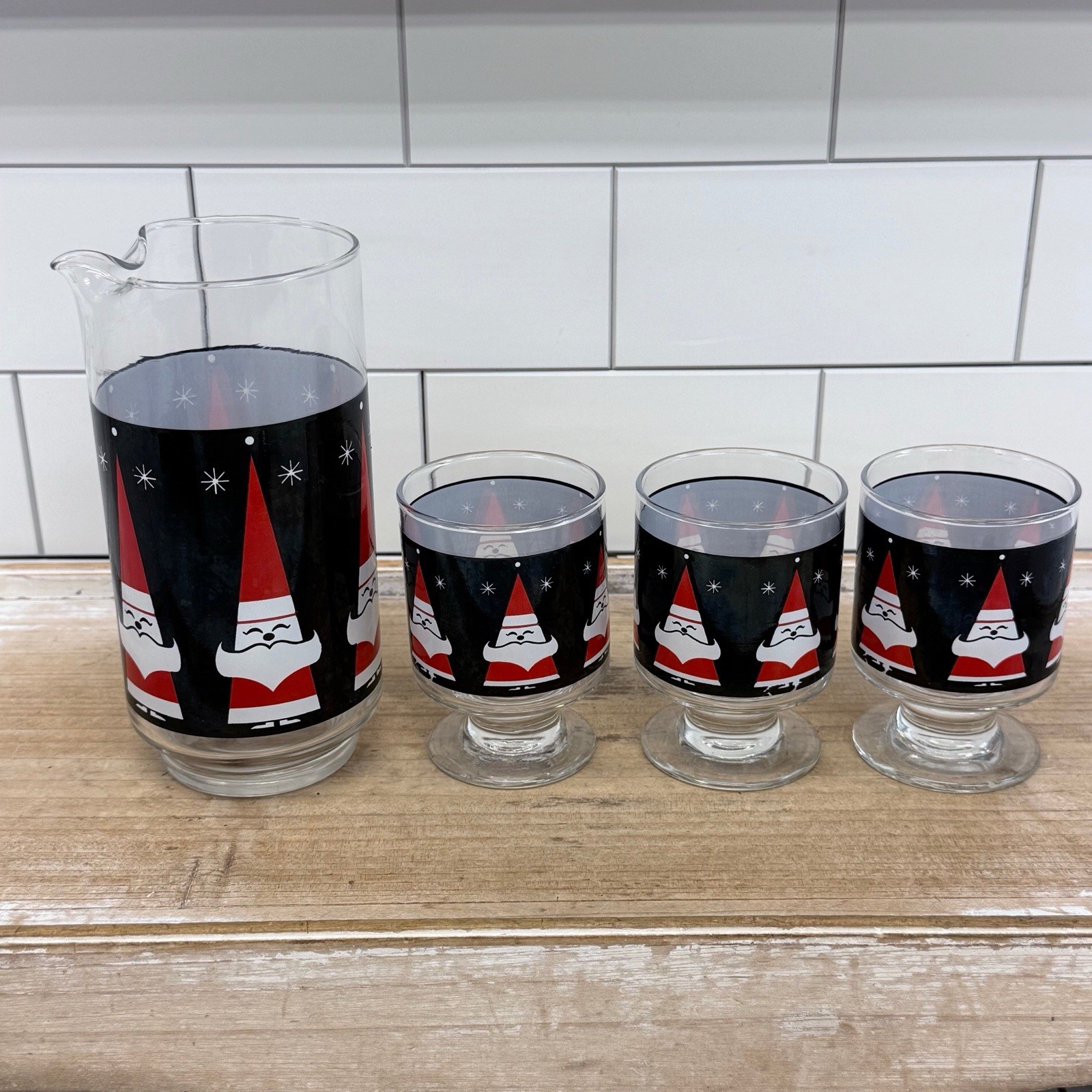 Atomic Santa Pitcher & 3 Glasses Libbey Holt Howard Style Christmas