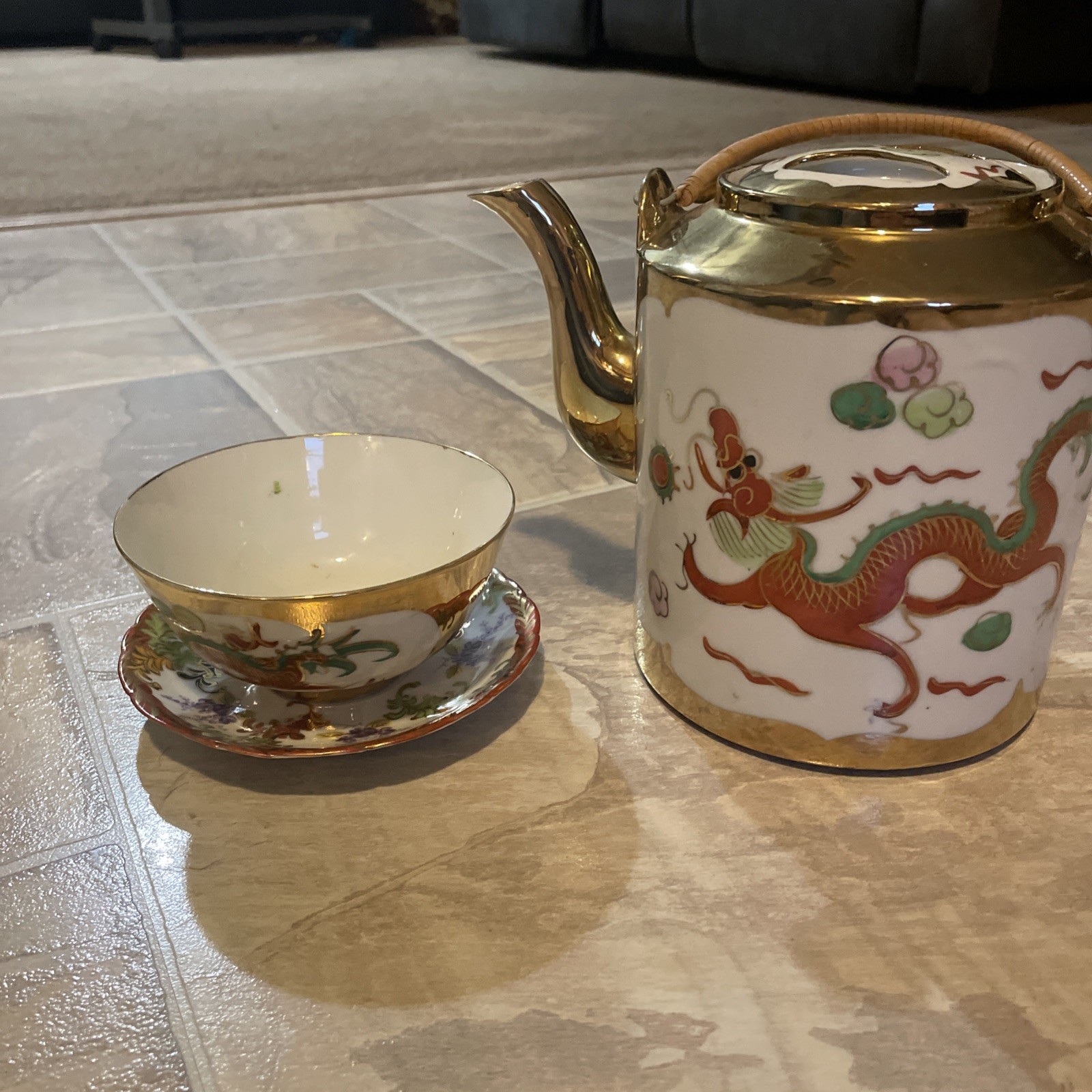 Antique Japanese Porcelain Dragon Ceremonial Wedding  Tea Set Wicker Basket