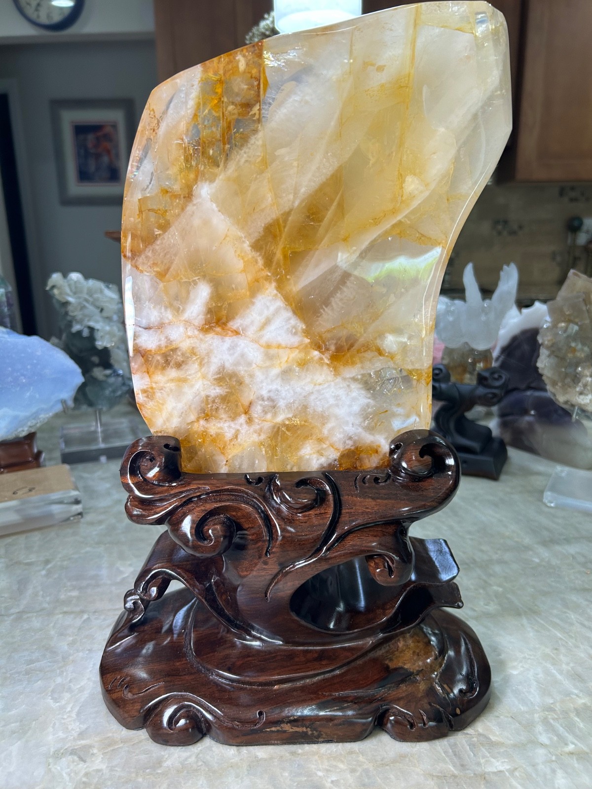 Huge Golden Healer Freeform on custom sandalwood stand 15.5” tall 17 lbs Huge Golden Healer Freeform on custom sandalwood stand 15.5” tall 17 lbs