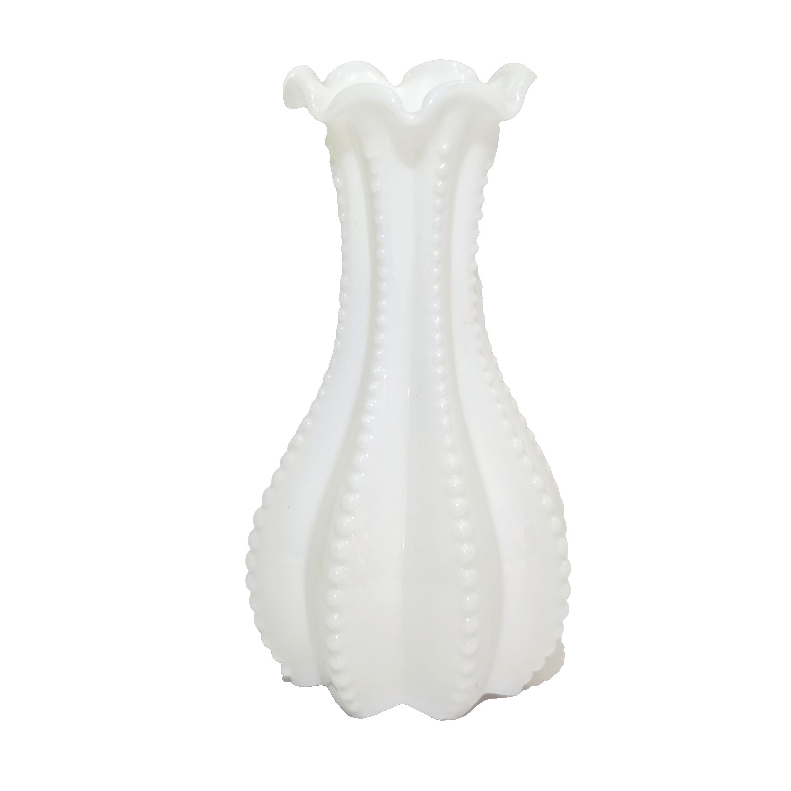 Imperial Milk Glass Bud Vase Beaded Edge Scalloped Rim Vintage 1950s MCM